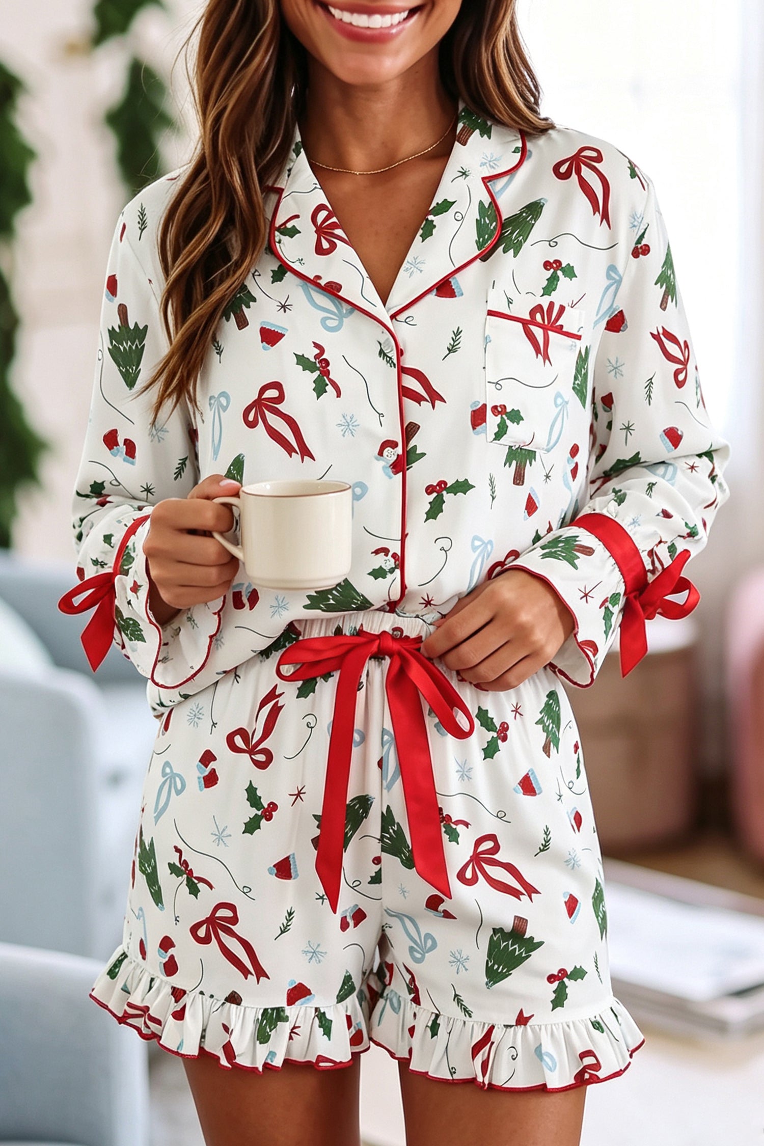 White Christmas Print Ruffle Cuff Long Sleeve Lounge Set-Loungewear & Sleepwear/Loungewear-[Adult]-[Female]-White-S-2022 Online Blue Zone Planet