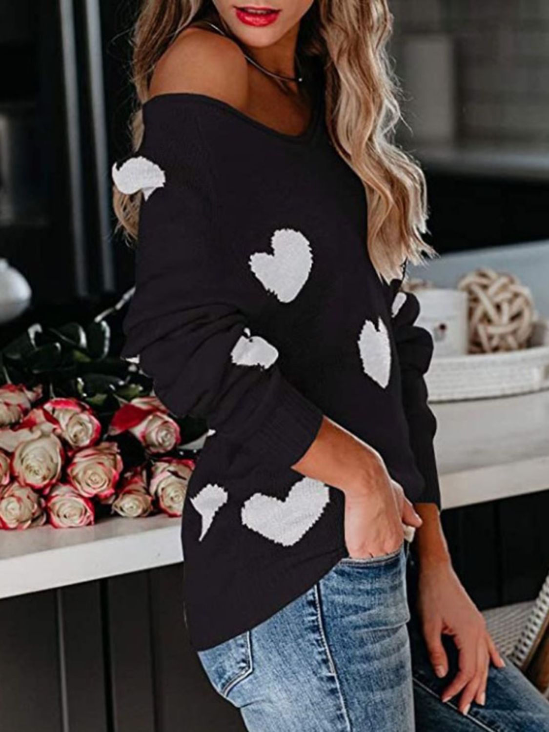 Heart Scoop Neck Long Sleeve Sweater-TOPS / DRESSES-[Adult]-[Female]-2022 Online Blue Zone Planet