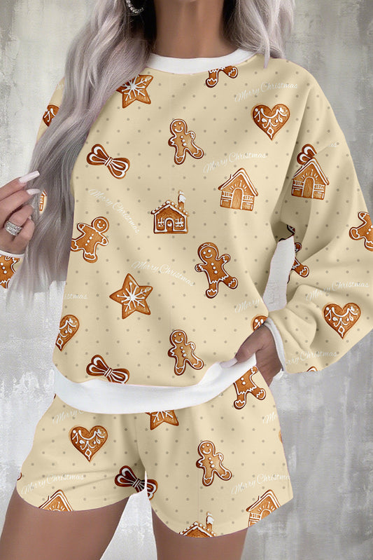 Beige Christmas Gingerbread Print Long Sleeve Pullover Shorts Holiday Pajama Set-Loungewear Set-[Adult]-[Female]-Beige-L-2022 Online Blue Zone Planet
