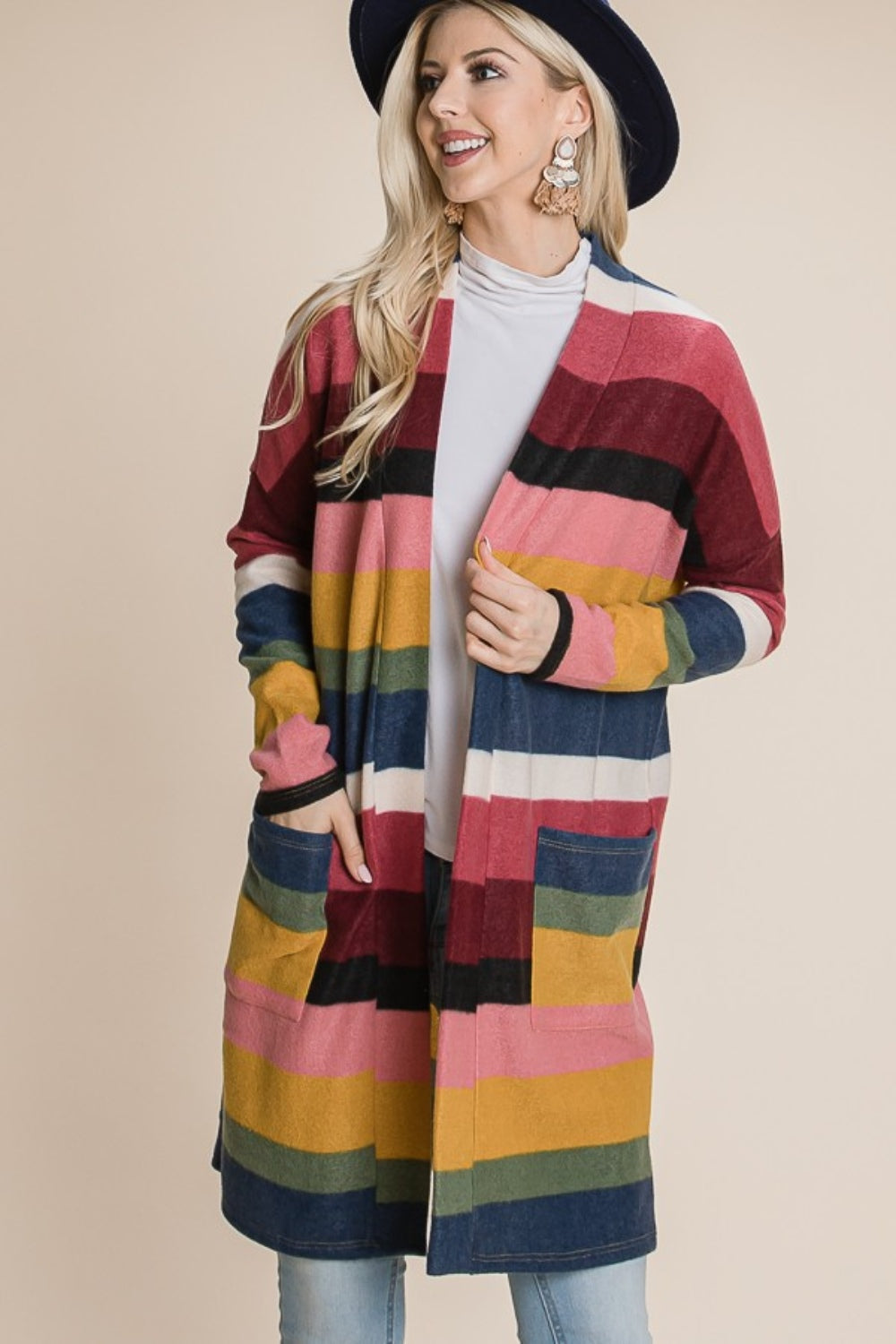 BOMBOM Color Block Striped Open Front Cardigan-TOPS / DRESSES-[Adult]-[Female]-2022 Online Blue Zone Planet