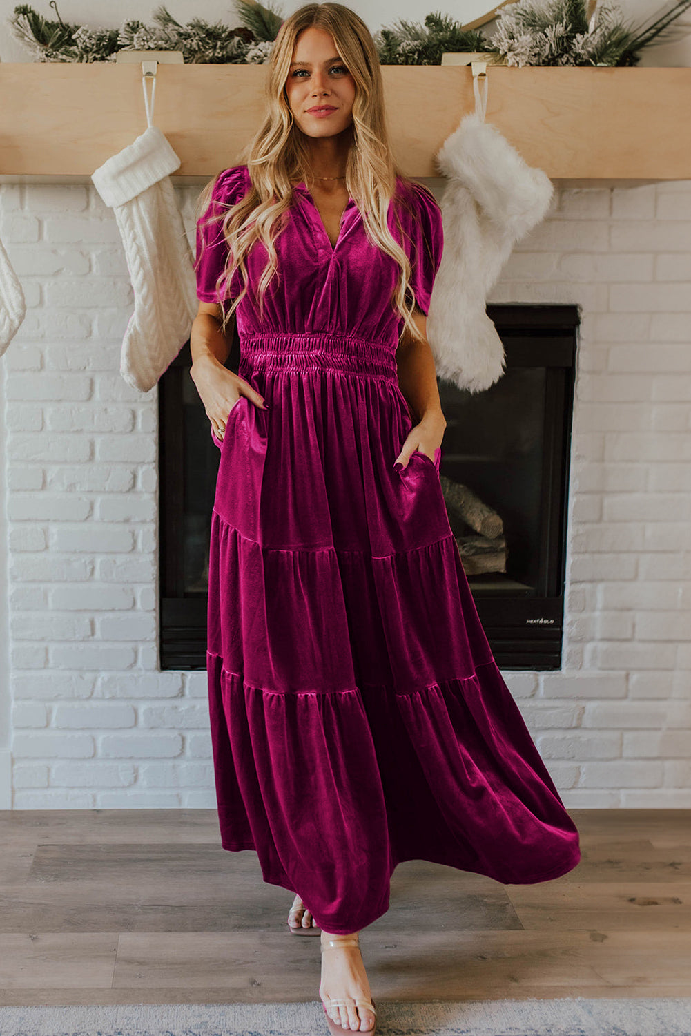 Red Dahlia Velvet Short Sleeve Shirred Waist Tiered Maxi Dress - Blue Blue Zone Planet Red Dahlia Velvet Short Sleeve Shirred Waist Tiered Maxi Dress - Blue Blue Zone Planet