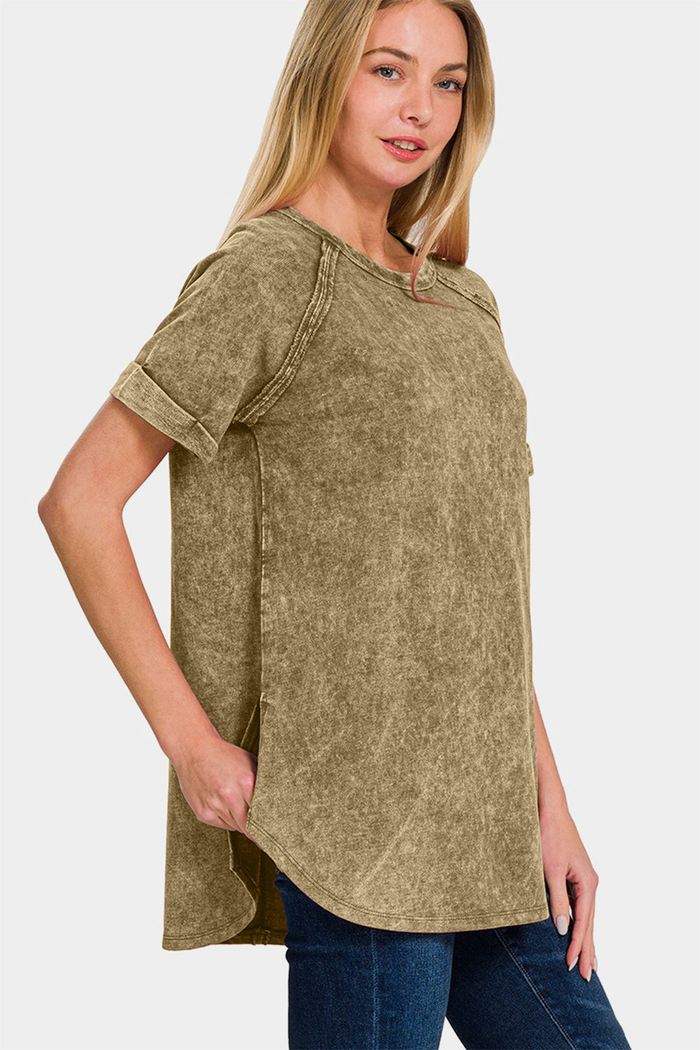 Zenana Heathered Round Neck Short Sleeve Top-TOPS / DRESSES-[Adult]-[Female]-2022 Online Blue Zone Planet