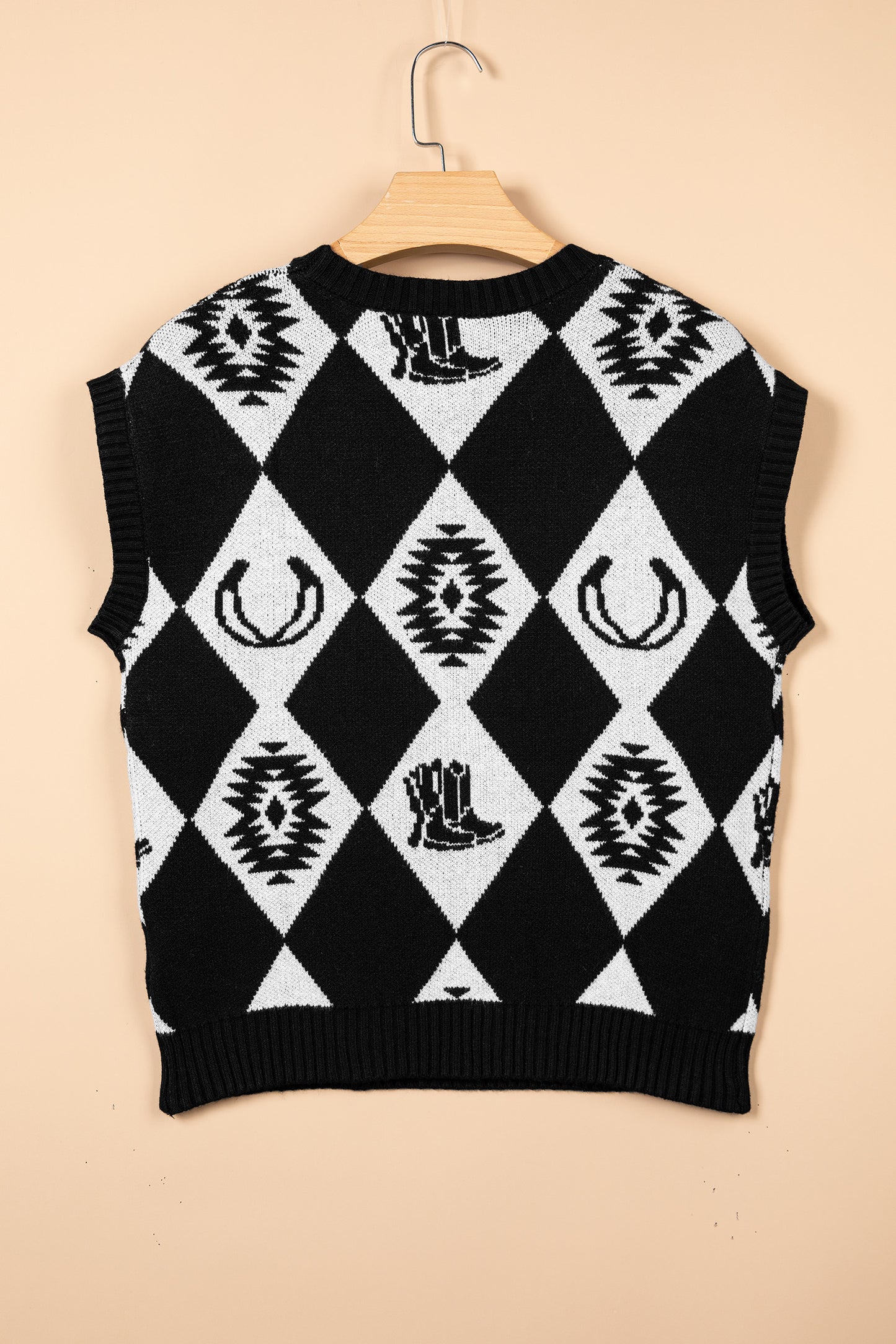 Black Retro Rhombus Western Print Drop Shoulder Short Sleeve Sweater-Sweaters & Cardigans/Short Sleeve Sweaters-[Adult]-[Female]-2022 Online Blue Zone Planet