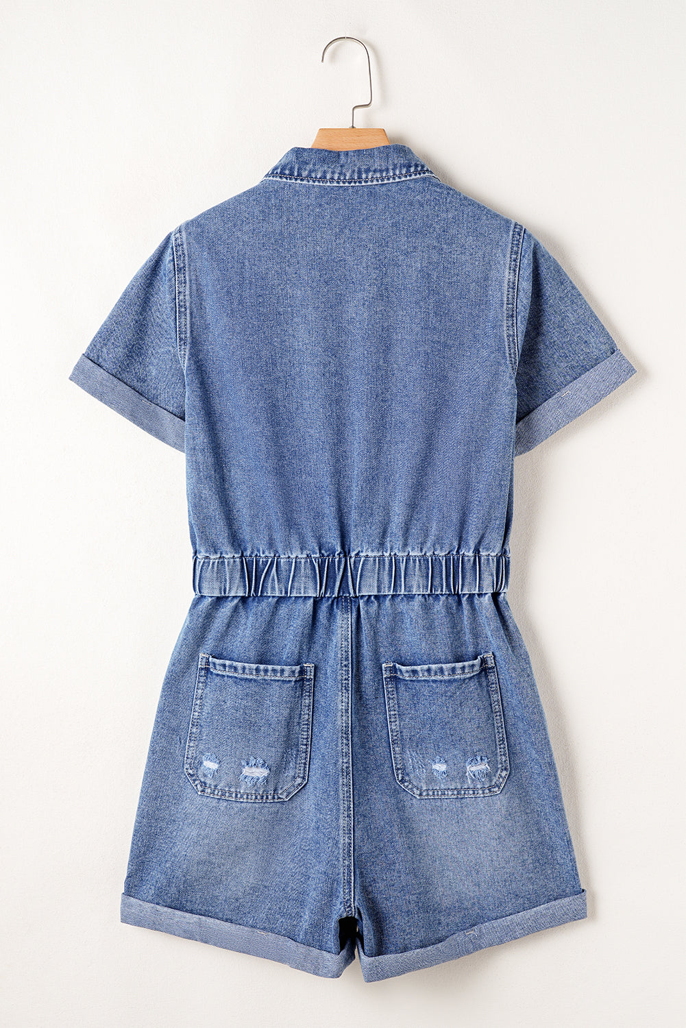 Blue Zone Planet | Dusk Blue Chest Pocket Front Buttoned Folded Edge Denim Short Sleeve Romper-Bottoms/Jumpsuits & Rompers-[Adult]-[Female]-2022 Online Blue Zone Planet