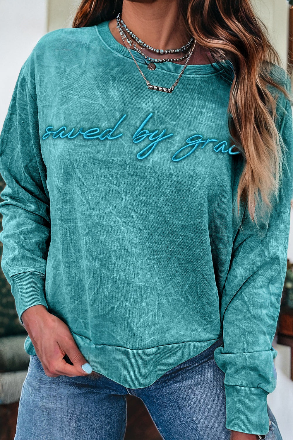 High-Rise Saved By Grace Letter Embroidery Mineral Wash Loose Sweatshirt-Tops/Sweatshirts & Hoodies-[Adult]-[Female]-2022 Online Blue Zone Planet