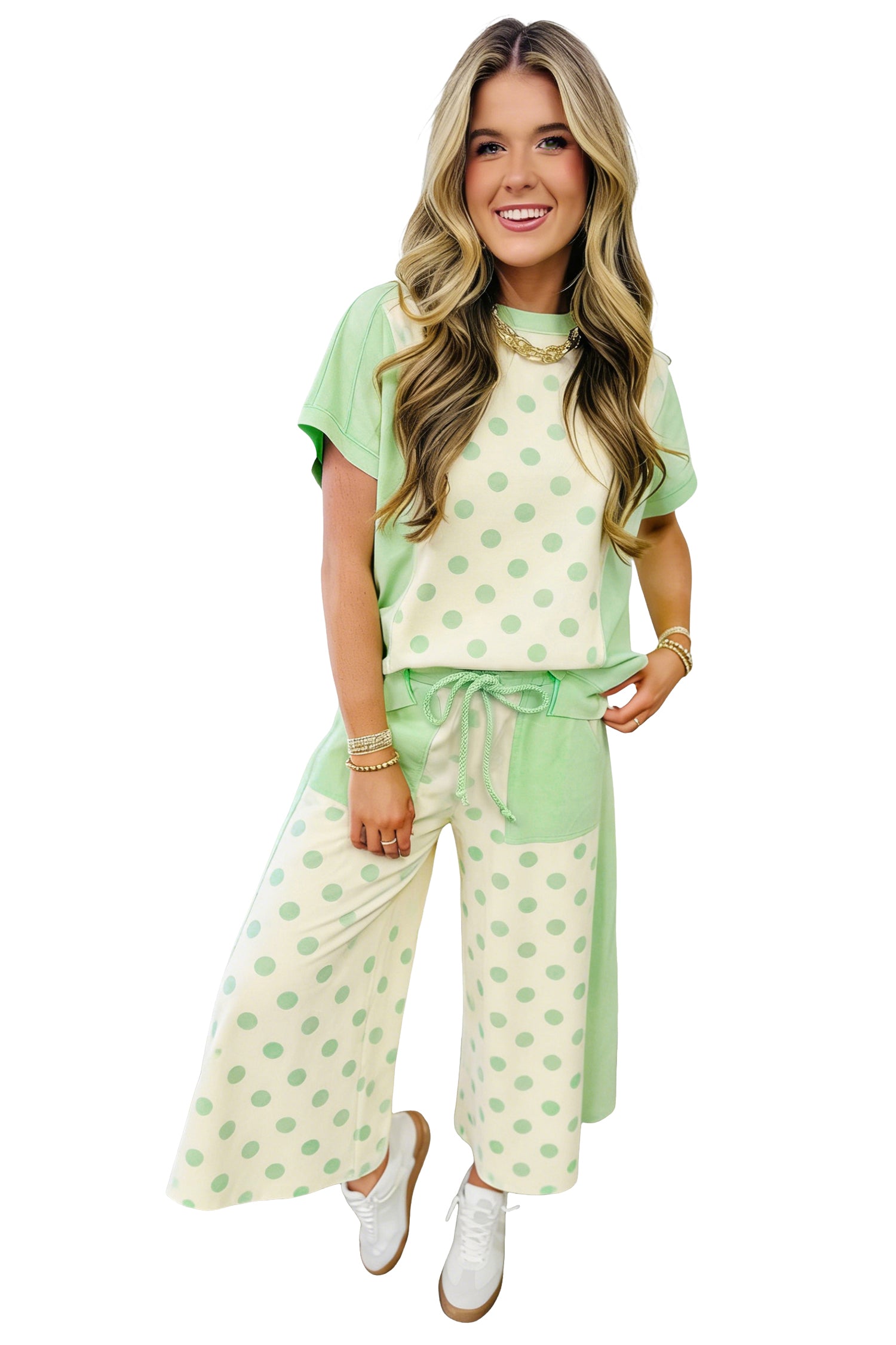 Pink Color Block Patchwork Polka Dot Wide Leg Pant Set-Two Piece Sets/Pant Sets-[Adult]-[Female]-2022 Online Blue Zone Planet
