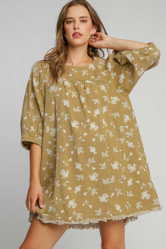 Umgee Raw Hem Floral Print Round Neck Denim Dress-TOPS / DRESSES-[Adult]-[Female]-Mocha-S-2022 Online Blue Zone Planet