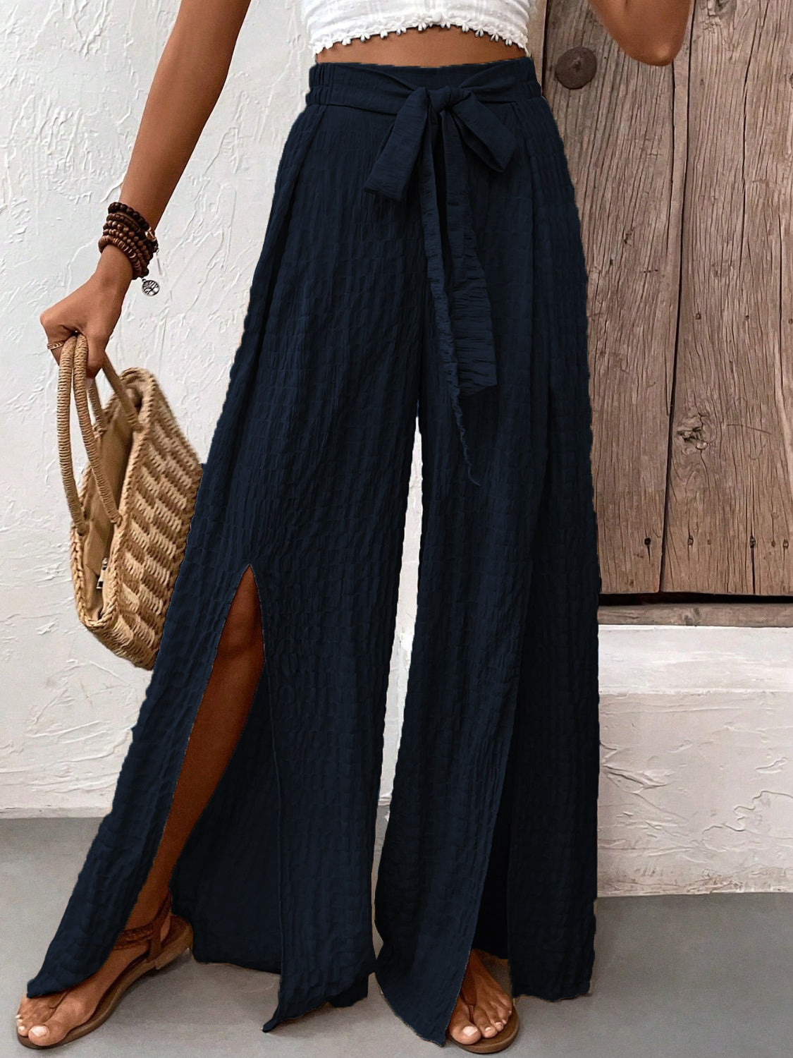 Honey Tied Slit Wide Leg Pants-BOTTOMS SIZES SMALL MEDIUM LARGE-[Adult]-[Female]-2022 Online Blue Zone Planet