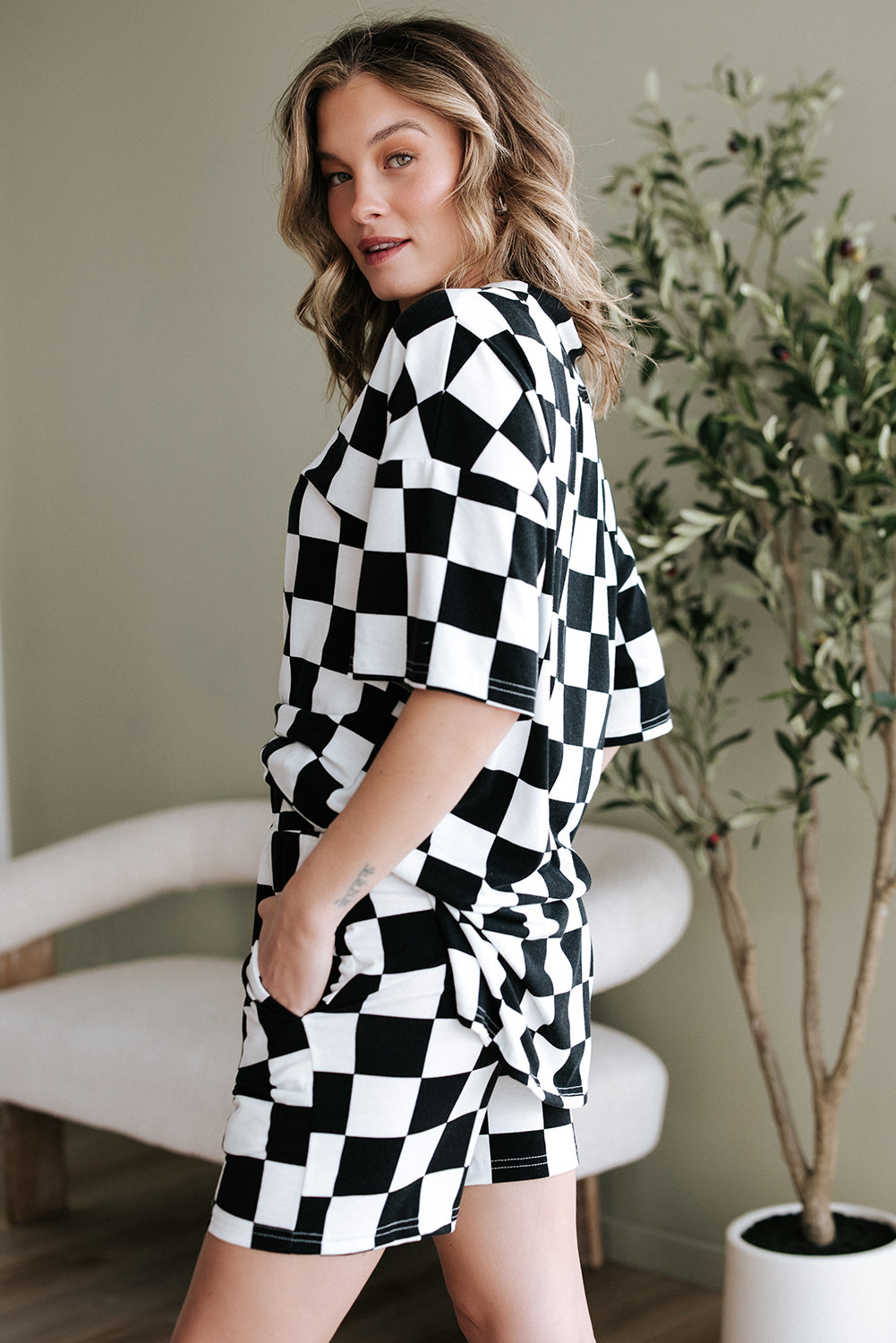 Blue Zone Planet | Black Checkerboard Print V Neck Loose Tee and Shorts Lounge Set-Loungewear & Sleepwear/Loungewear-[Adult]-[Female]-2022 Online Blue Zone Planet