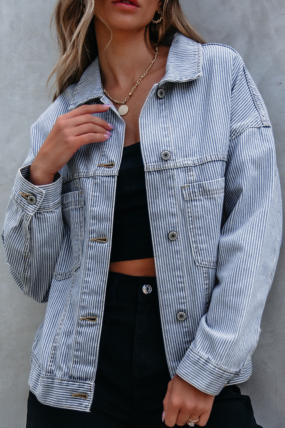 Blue Zone Planet | Sky Blue Stripe Washed Oversize Pocketed Denim Jacket-Outerwear/Denim jackets-[Adult]-[Female]-Sky Blue Stripe-S-2022 Online Blue Zone Planet