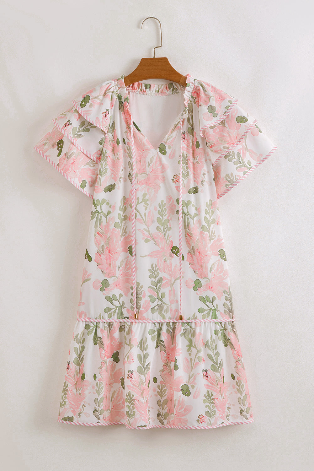 Pink Floral Contrast Edge Layered Short Sleeve Mini Dress-TOPS / DRESSES-[Adult]-[Female]-2022 Online Blue Zone Planet