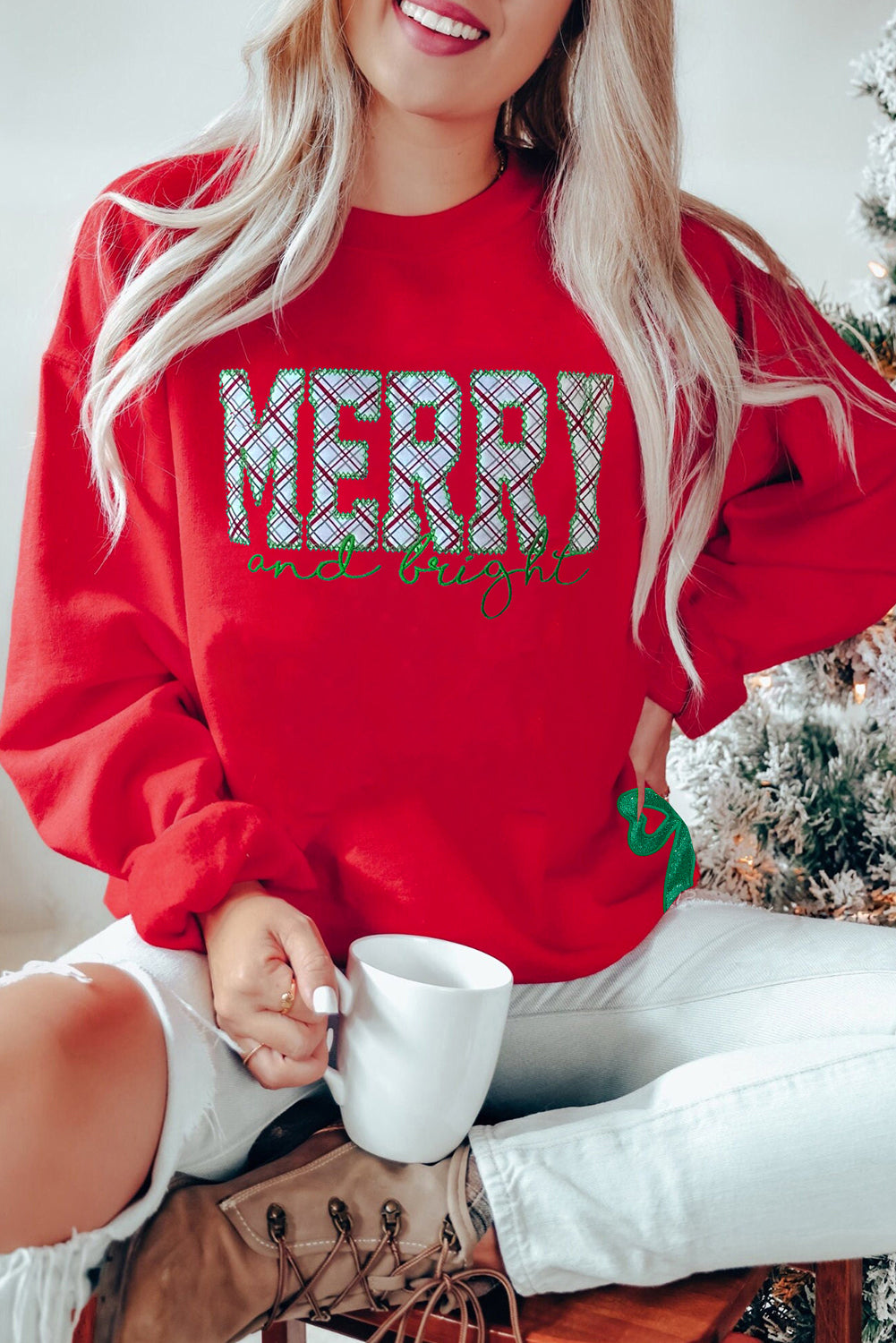 Fiery Red Merry and Bright Plaid Embroidered Letter Graphic Sequin Bow Decor Christmas Sweatshirt-Tops/Sweatshirts & Hoodies-[Adult]-[Female]-Fiery Red-S-2022 Online Blue Zone Planet