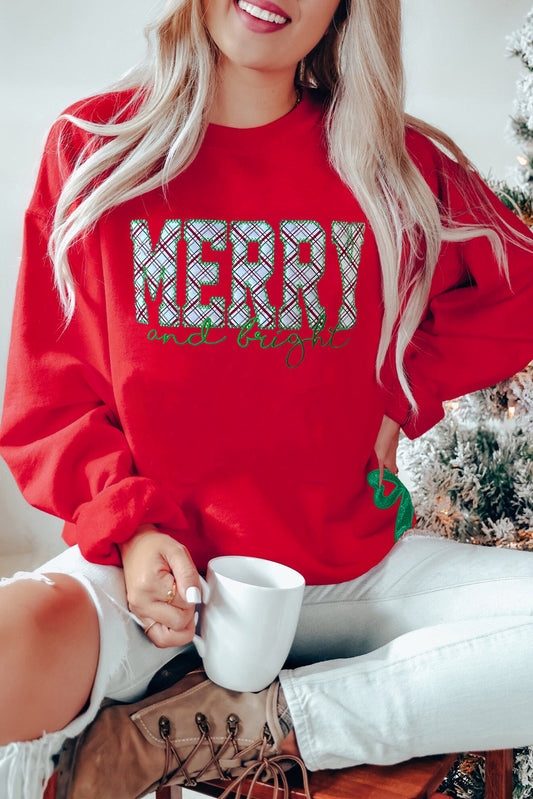 Fiery Red Merry and Bright Plaid Embroidered Letter Graphic Sequin Bow Decor Christmas Sweatshirt-Tops/Sweatshirts & Hoodies-[Adult]-[Female]-Fiery Red-S-2022 Online Blue Zone Planet