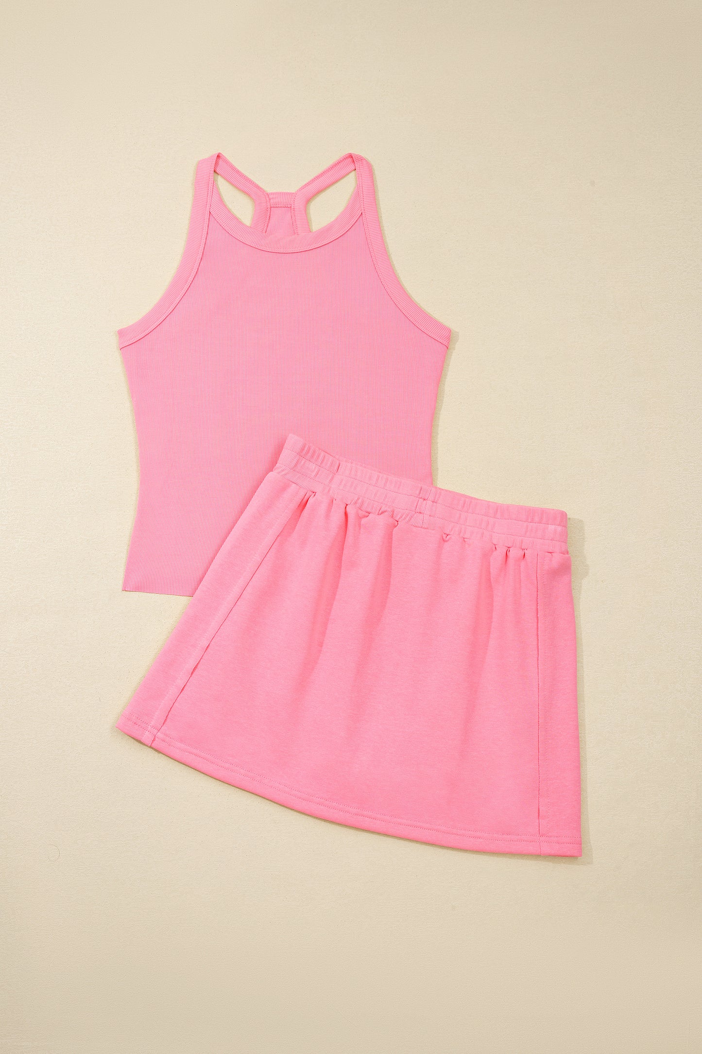 Sachet Pink Slim Tank Top Elastic Waist Mini Skort 2pcs Outfit-Two Piece Sets/Two Piece Dresses-[Adult]-[Female]-2022 Online Blue Zone Planet