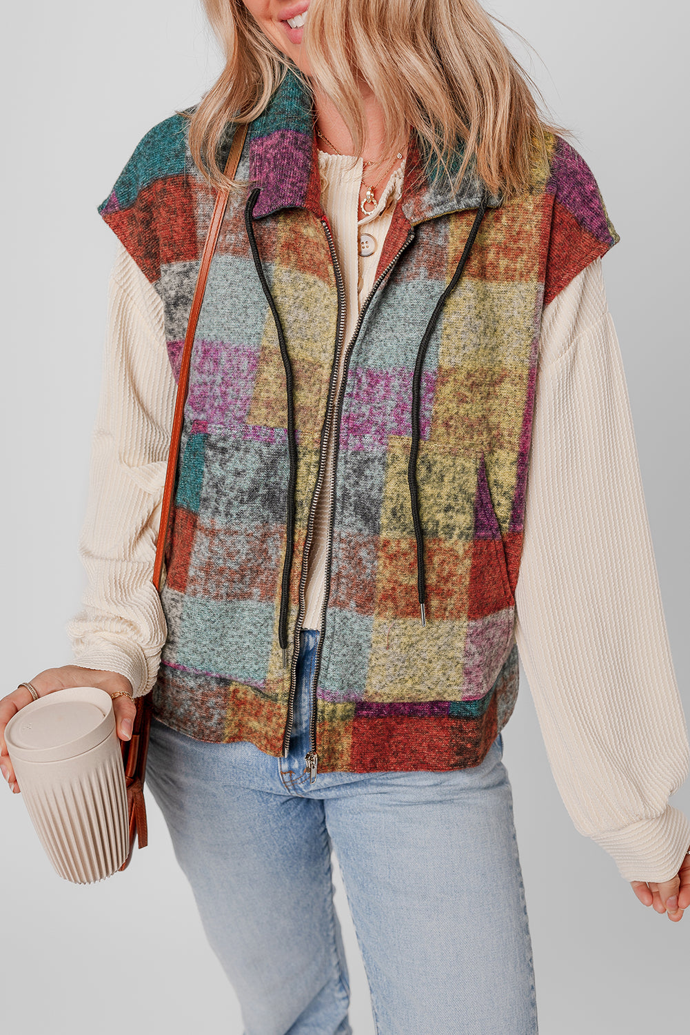 Multicolor Plaid Print Side Pockets Zipped Loose Vest-Outerwear/Vests-[Adult]-[Female]-Multicolor-S-2022 Online Blue Zone Planet