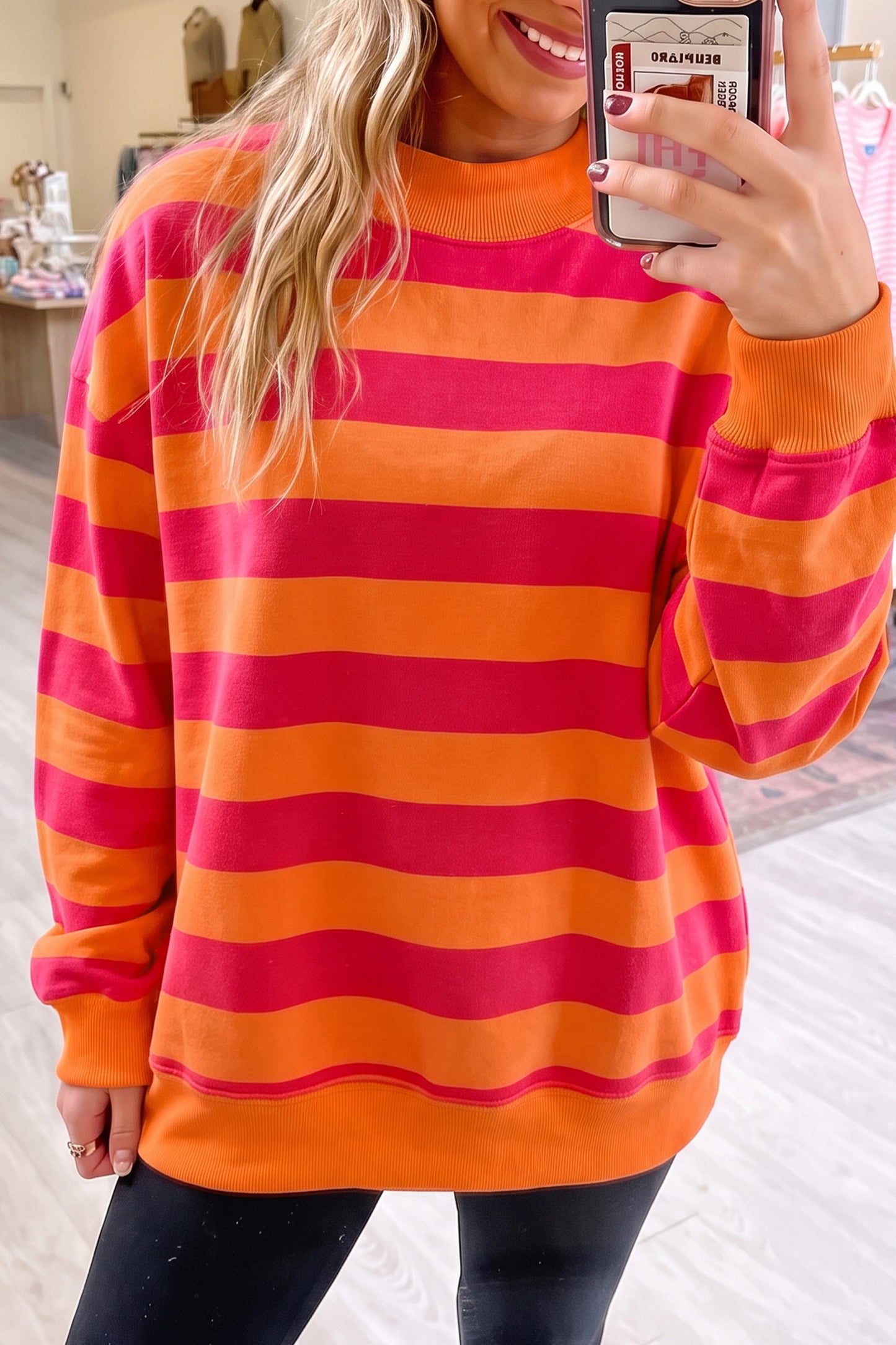 Rose Stripe Colorblock Mock Neck Relaxed Sweatshirt