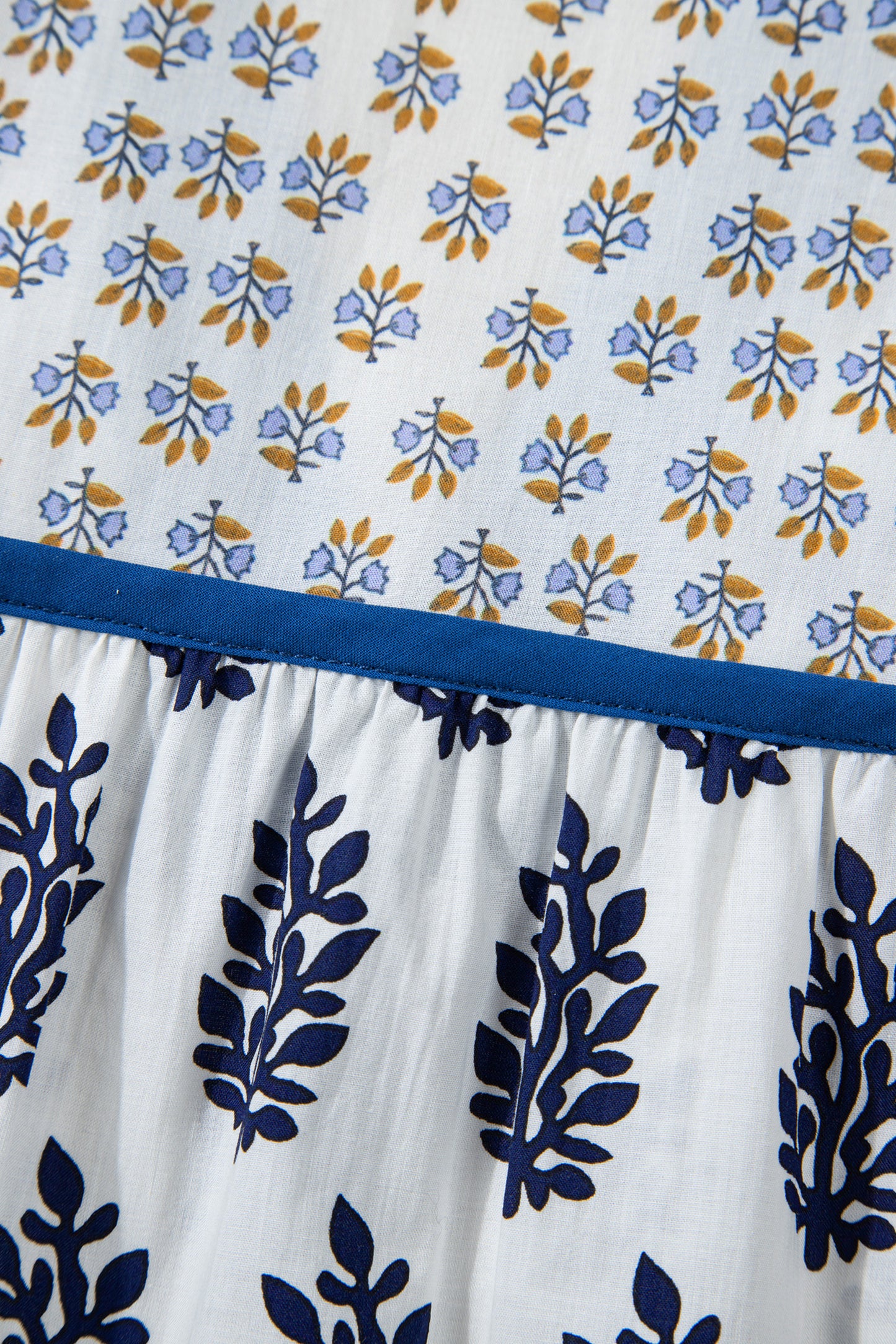 White Plus Size Boho Floral Print Contrast Trim Split Neck Puff Sleeve Patchwork Blouse-Plus Size/Plus Size Tops/Plus Size Blouses & Shirts-[Adult]-[Female]-2022 Online Blue Zone Planet