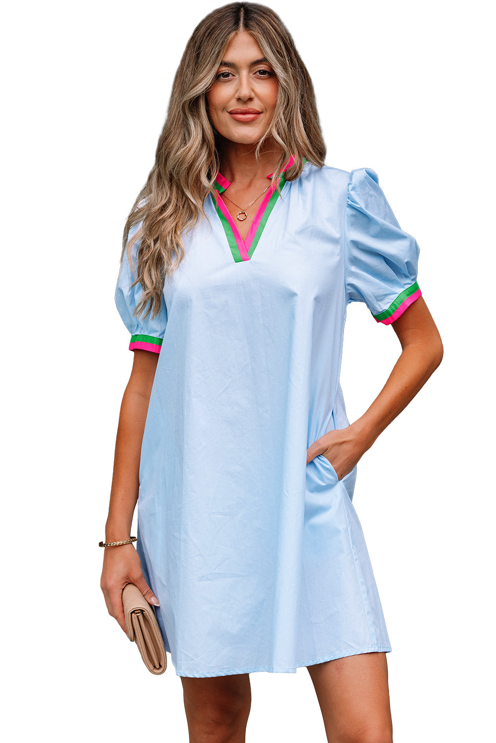 Myosotis Contrast Striped Notched V Neck Puff Sleeve Mini Dress-TOPS / DRESSES-[Adult]-[Female]-2022 Online Blue Zone Planet