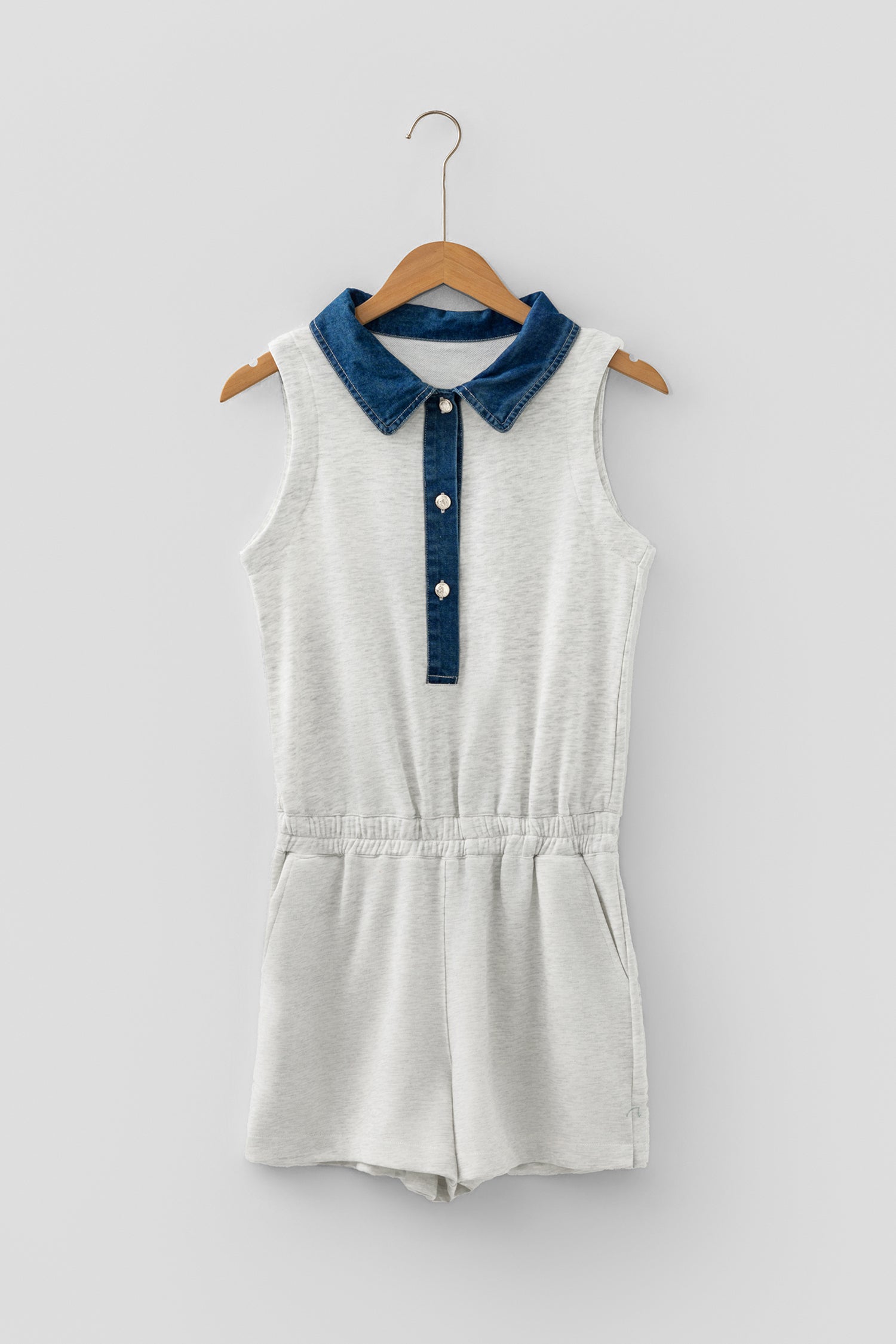 Light Grey Denim Patchwork Polo Collar Elastic Waist Sleeveless Romper-Bottoms/Jumpsuits & Rompers-[Adult]-[Female]-2022 Online Blue Zone Planet