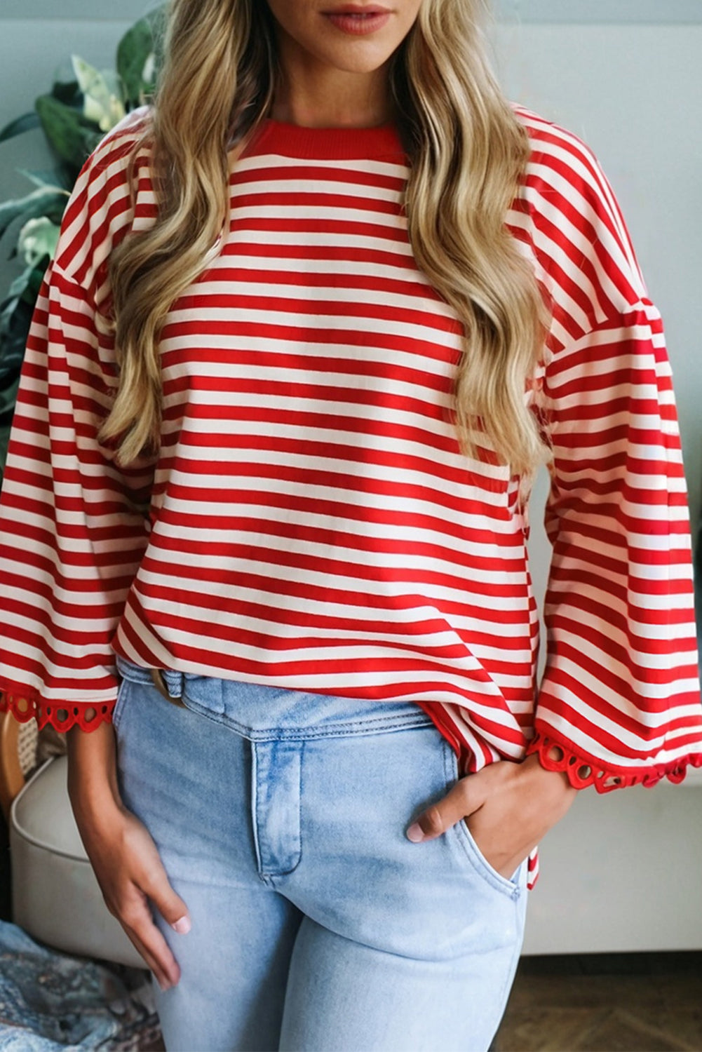 Sachet Pink Striped Print Drop Shoulder Lace Trim Bracelet Sleeve Loose Top-Bracelet-[Adult]-[Female]-Racing Red-S-2022 Online Blue Zone Planet