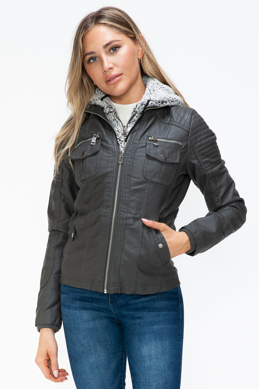 Blue Zone Planet | YMI Removable Faux Layered Multi-Pocket Jacket with Fuzzy Hood-TOPS / DRESSES-[Adult]-[Female]-Charcoal-S-2022 Online Blue Zone Planet