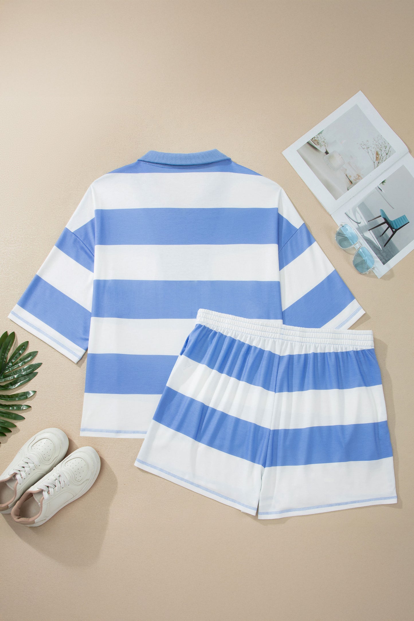 Sky Blue Stripe Drop Shoulder Zipped Collar T Shirt Plus Size Shorts Set-Plus Size/Plus Size Loungewear-[Adult]-[Female]-2022 Online Blue Zone Planet
