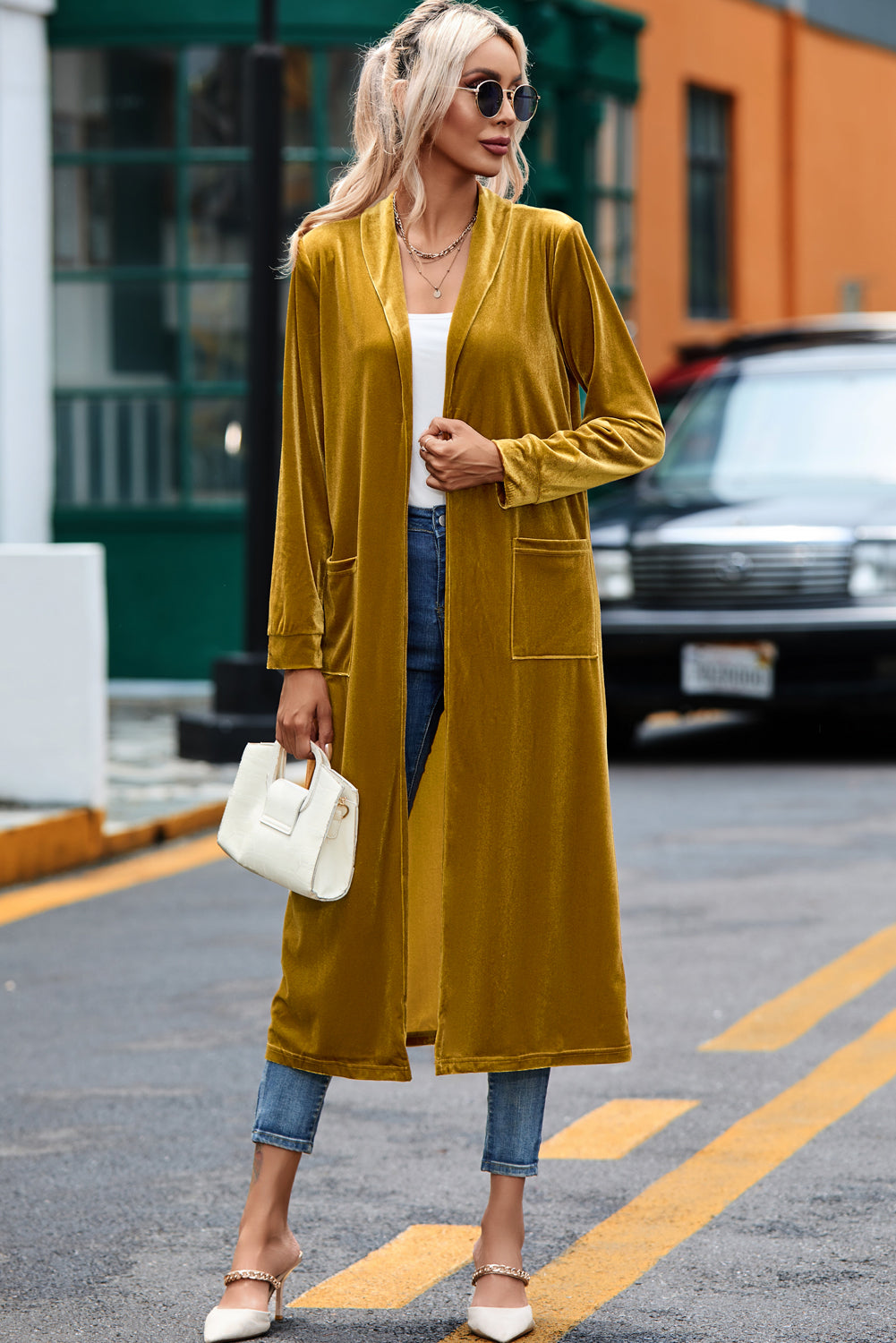 Yellow Velvet Open Front Pocketed Long Duster-Sweaters & Cardigans/Cardigans-[Adult]-[Female]-2022 Online Blue Zone Planet