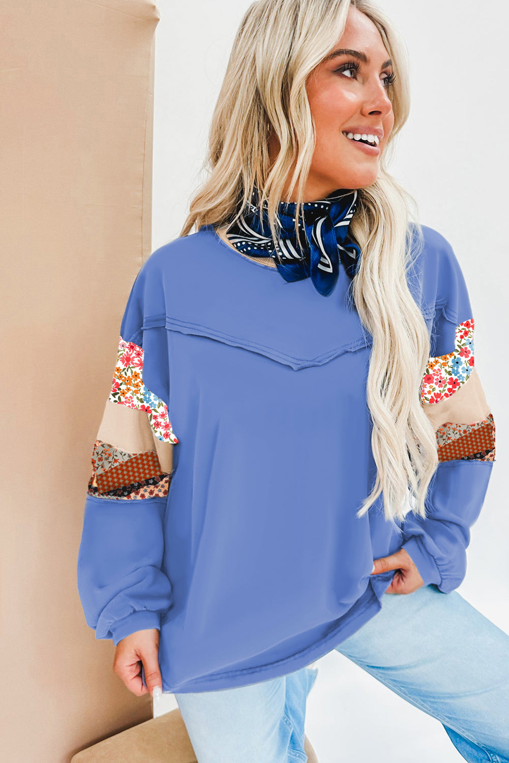 Blue Exposed Seam Floral Mixed Patchwork Relaxed Plus Size Top