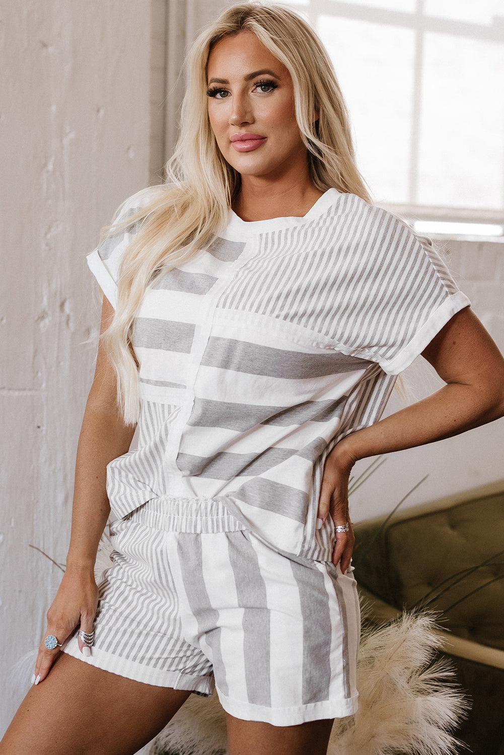 Blue Zone Planet | Gray Stripe Mixed Print Short Sleeve Top And Pocketed Shorts Set-Two Piece Sets/Short Sets-[Adult]-[Female]-2022 Online Blue Zone Planet