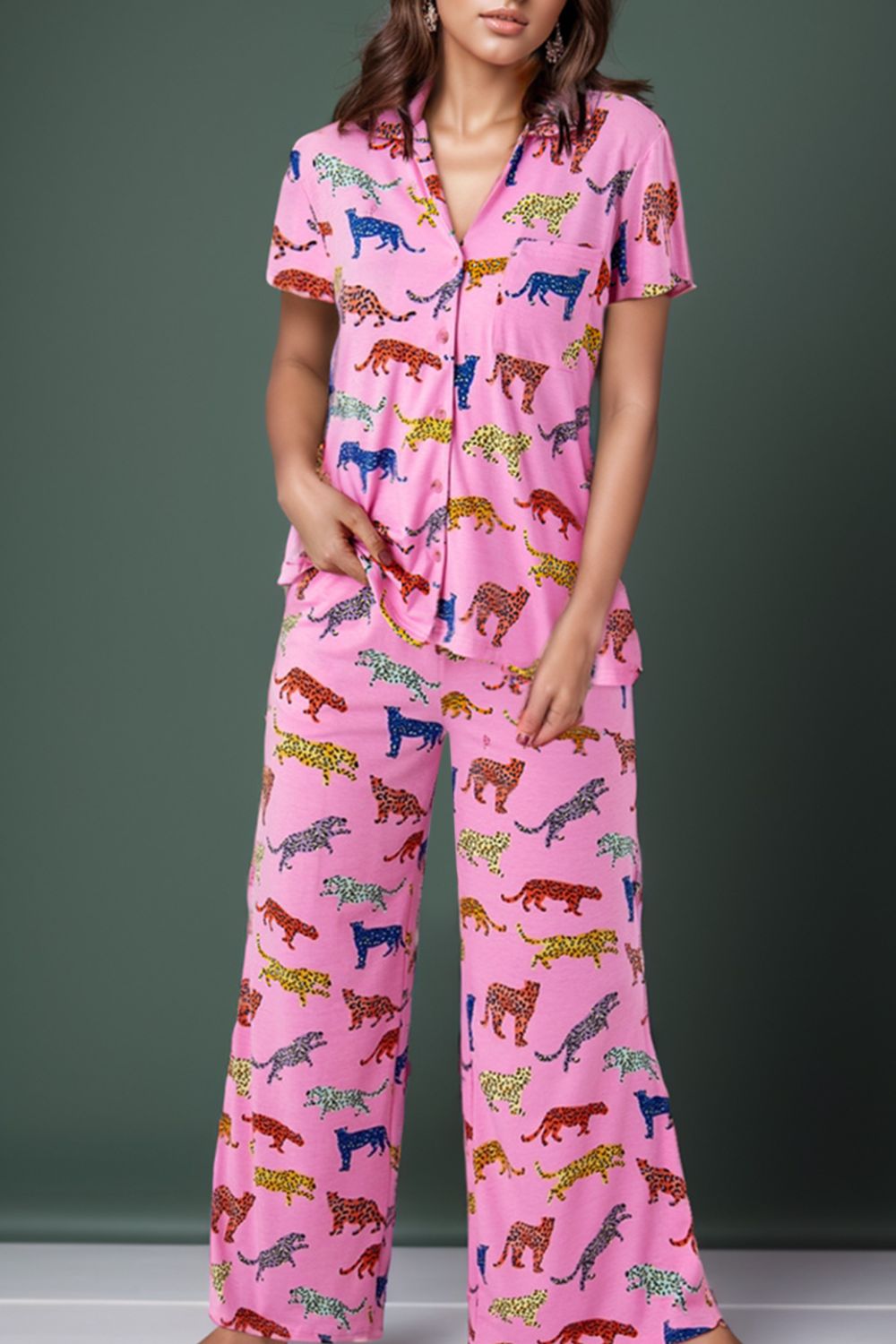 Animal Button Up Top and Pants Lounge Set-TOPS / DRESSES-[Adult]-[Female]-2022 Online Blue Zone Planet