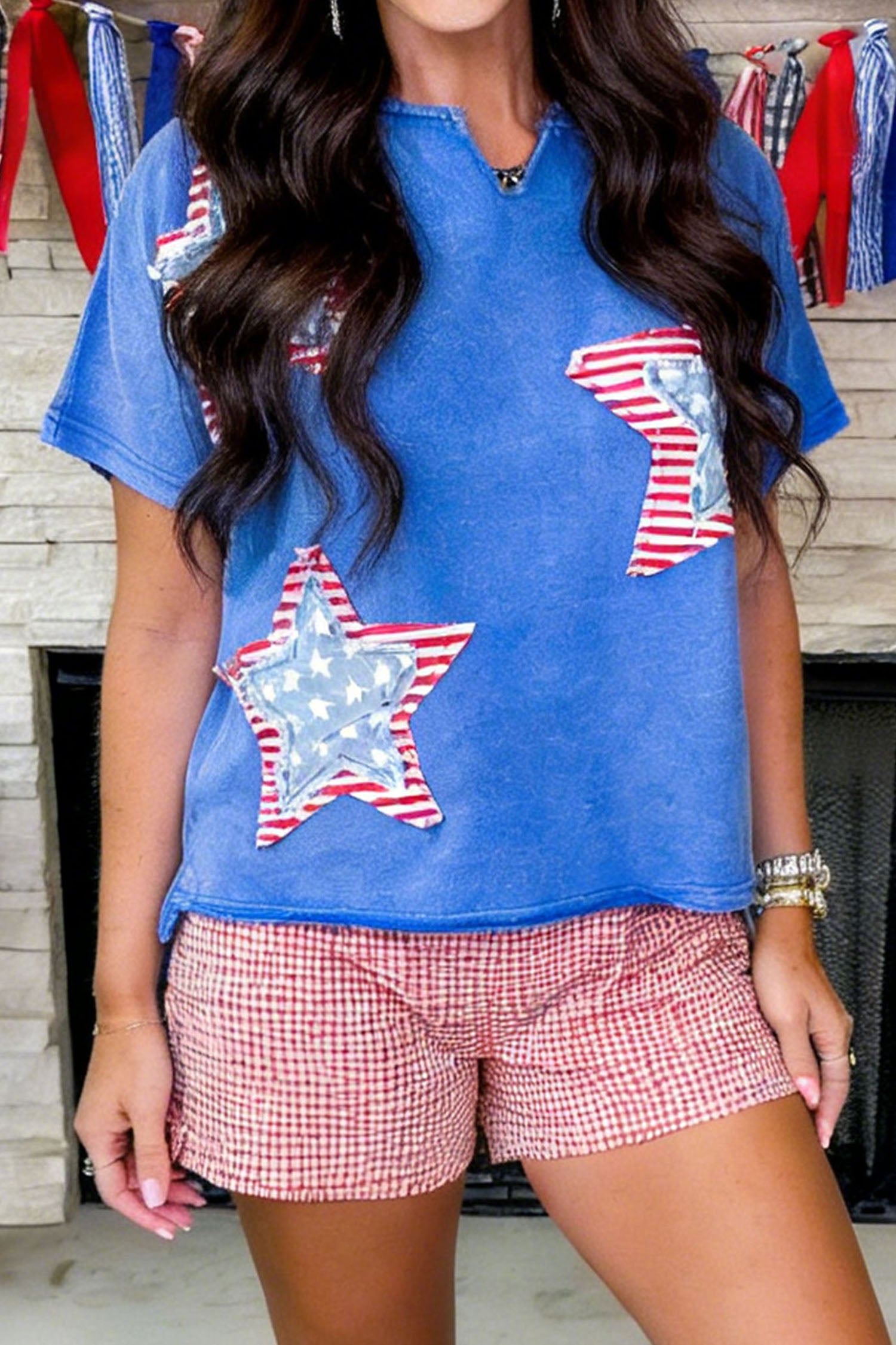 White Patriot Star Patched Notched Neck Mineral Washed Tee-Tops/Tops & Tees-[Adult]-[Female]-2022 Online Blue Zone Planet
