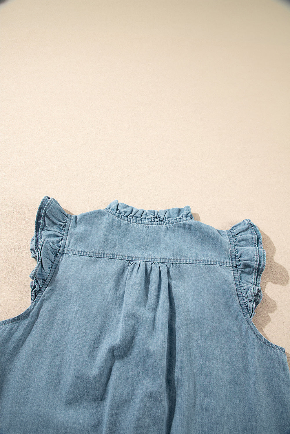 Beau Blue Frilly Ruffle Trim V Neck Chambray Tank Top-Tops/Tank Tops-[Adult]-[Female]-2022 Online Blue Zone Planet