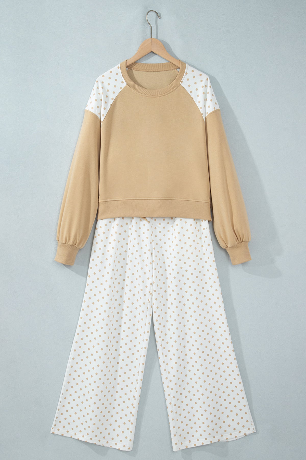 Khaki Polka Dot Patchwork Colorblock Long Sleeve Casual Two Piece Pants Set-Two Piece Sets/Pant Sets-[Adult]-[Female]-2022 Online Blue Zone Planet