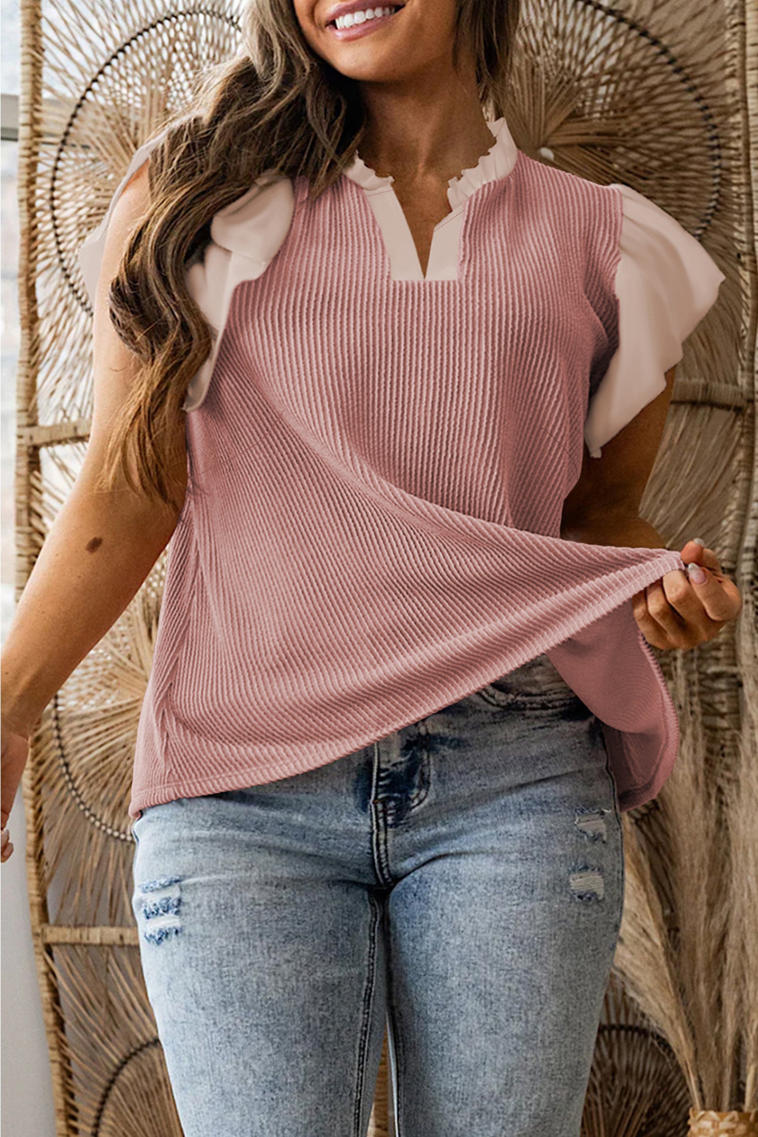 Fushia Plus Size Contrast Frilled Neckline Ruffled Short Sleeve Ribbed Textured Blouse-Plus Size/Plus Size Tops/Plus Size Blouses & Shirts-[Adult]-[Female]-Fushia-L-2022 Online Blue Zone Planet