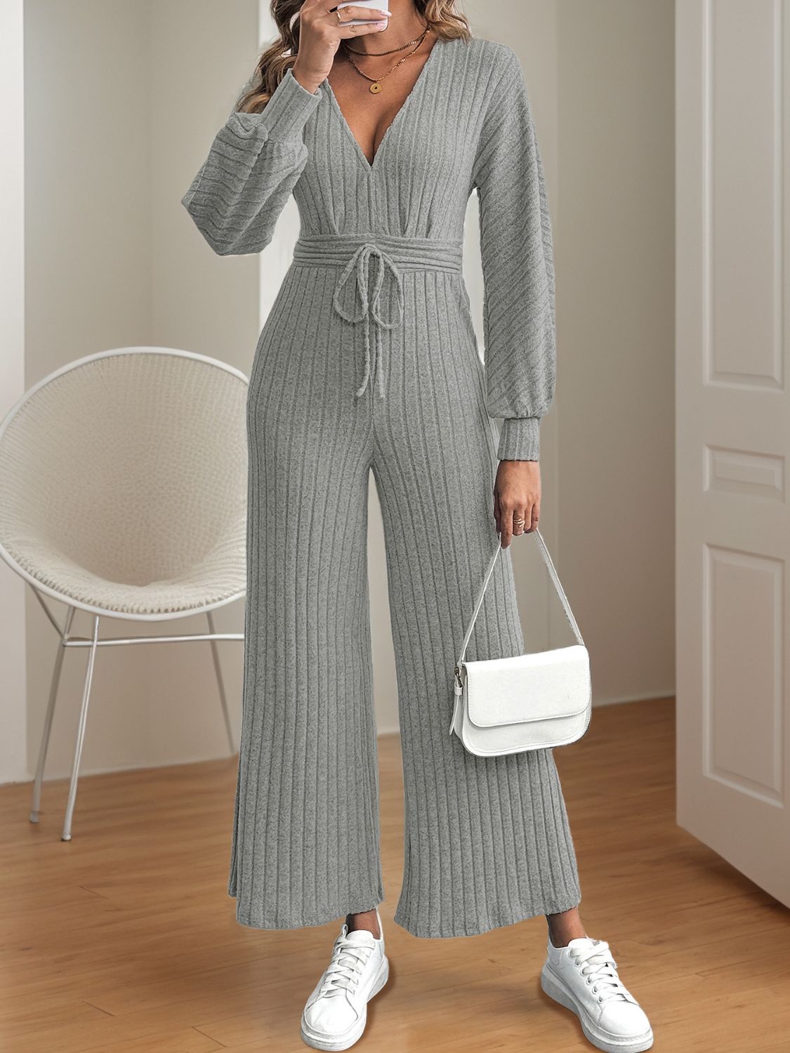 V-Neck Long Sleeve Wide Leg Jumpsuit-TOPS / DRESSES-[Adult]-[Female]-2022 Online Blue Zone Planet