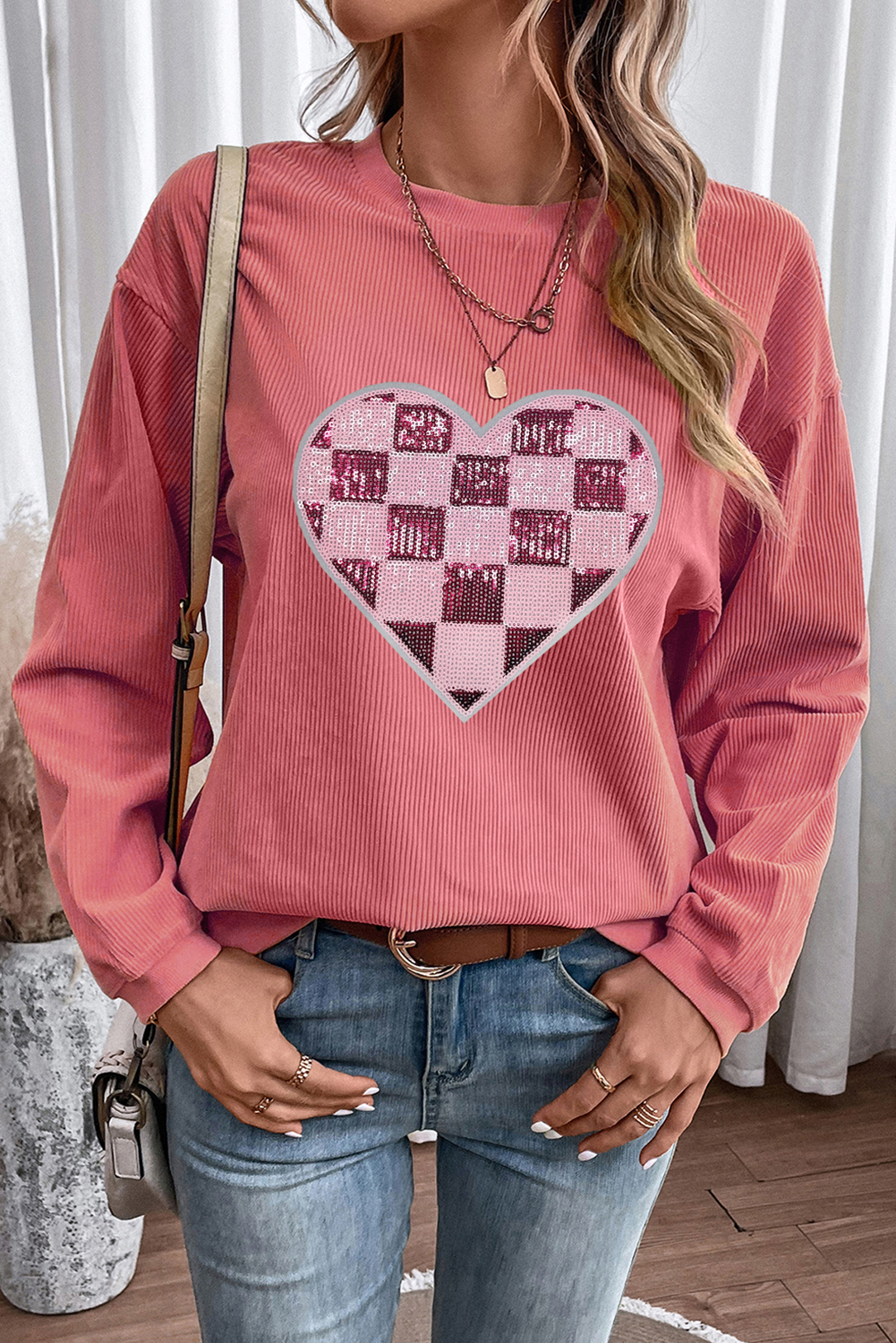 Strawberry Pink Checkered Heart Graphic Ribbed Valentines Sweatshirt-Graphic Sweatshirts-[Adult]-[Female]-2022 Online Blue Zone Planet