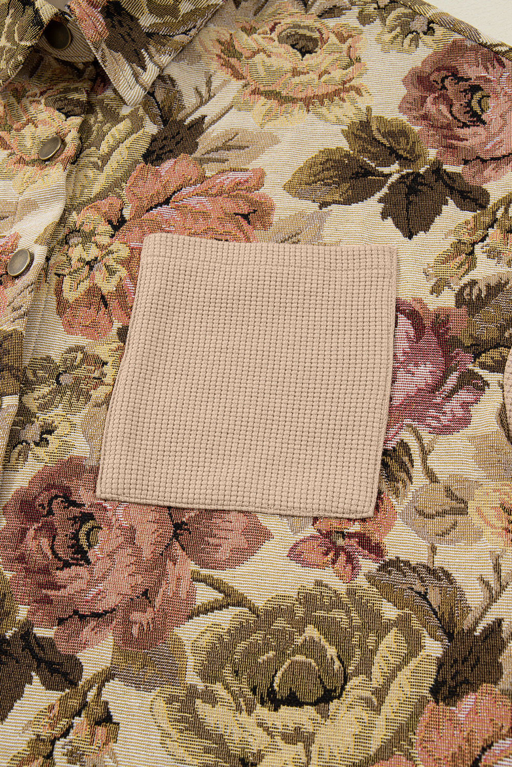 Khaki Floral Waffle Knit Patchwork Chest Pockets Buttoned Jacket-Outerwear/Jackets-[Adult]-[Female]-2022 Online Blue Zone Planet
