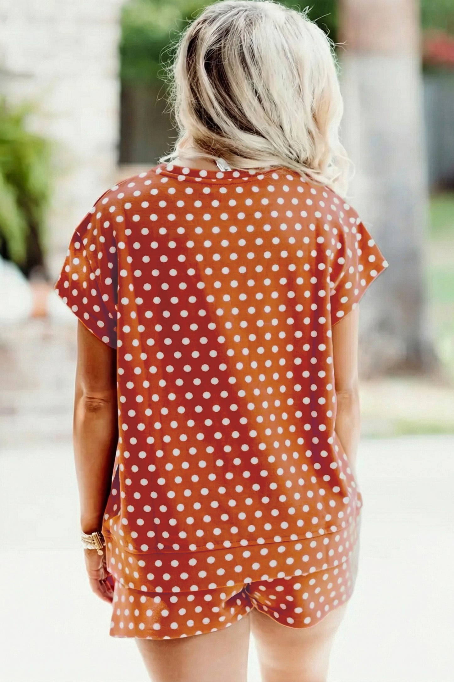 Brown Polka Dot Print Dropped Shoulder Tee Plus Size Short Set-Plus Size/Plus Size Loungewear-[Adult]-[Female]-2022 Online Blue Zone Planet