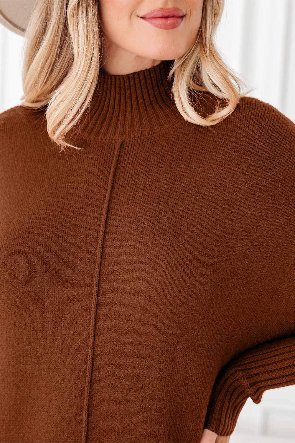 Chestnut Ribbed High Neck Front Pockets Center Seam Shift Sweater Dress-Sweaters & Cardigans/Sweater Dresses-[Adult]-[Female]-2022 Online Blue Zone Planet
