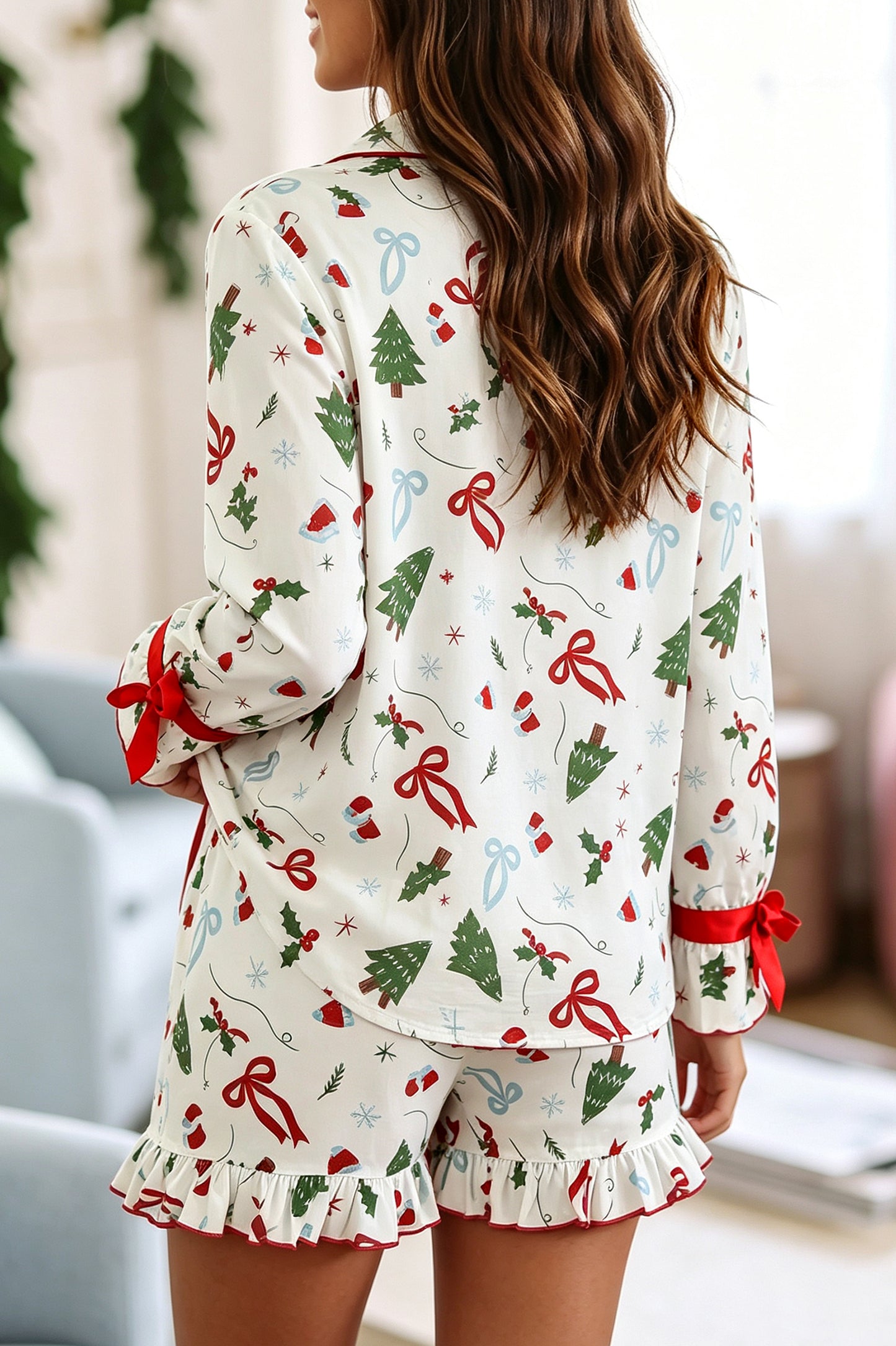 White Christmas Print Ruffle Cuff Long Sleeve Lounge Set-Loungewear & Sleepwear/Loungewear-[Adult]-[Female]-2022 Online Blue Zone Planet