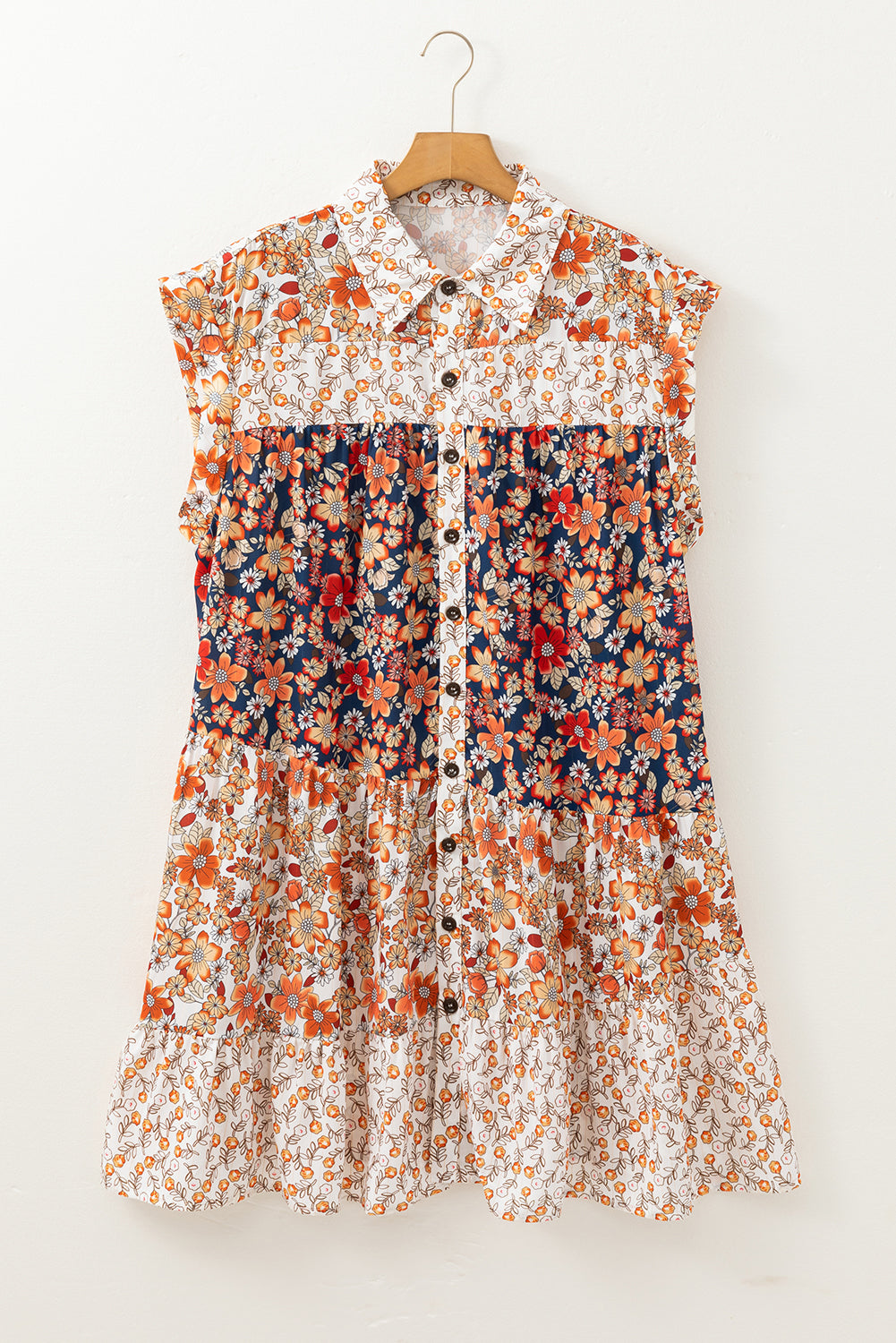 Beige Plus Size Floral Patchwork Button Front Collared Mini Dress-Plus Size/Plus Size Dresses/Plus Size Mini Dresses-[Adult]-[Female]-2022 Online Blue Zone Planet