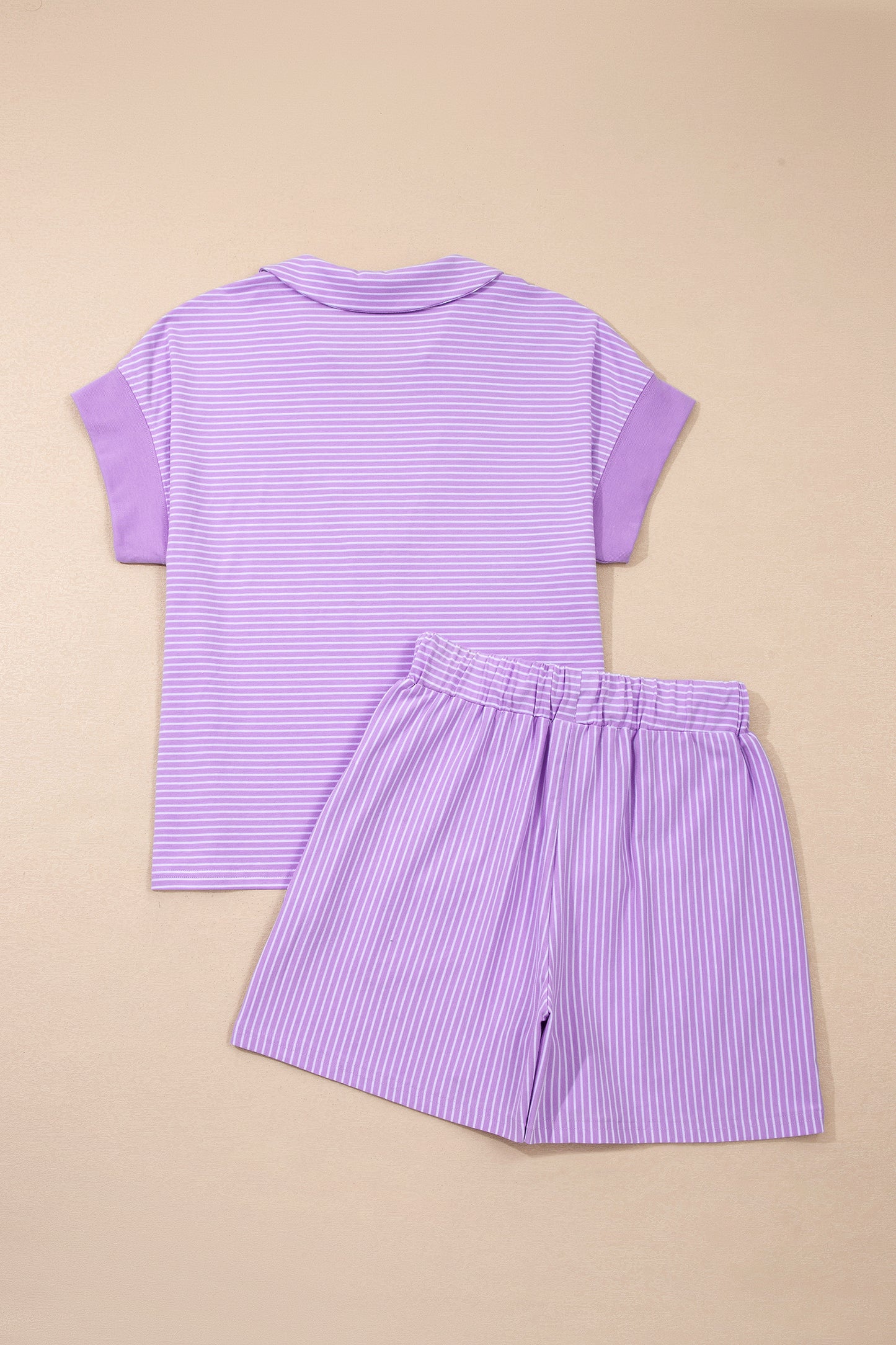 Khaki Stripe Dolman Sleeve Polo Shirt and Drawstring Shorts Set-Two Piece Sets/Short Sets-[Adult]-[Female]-2022 Online Blue Zone Planet