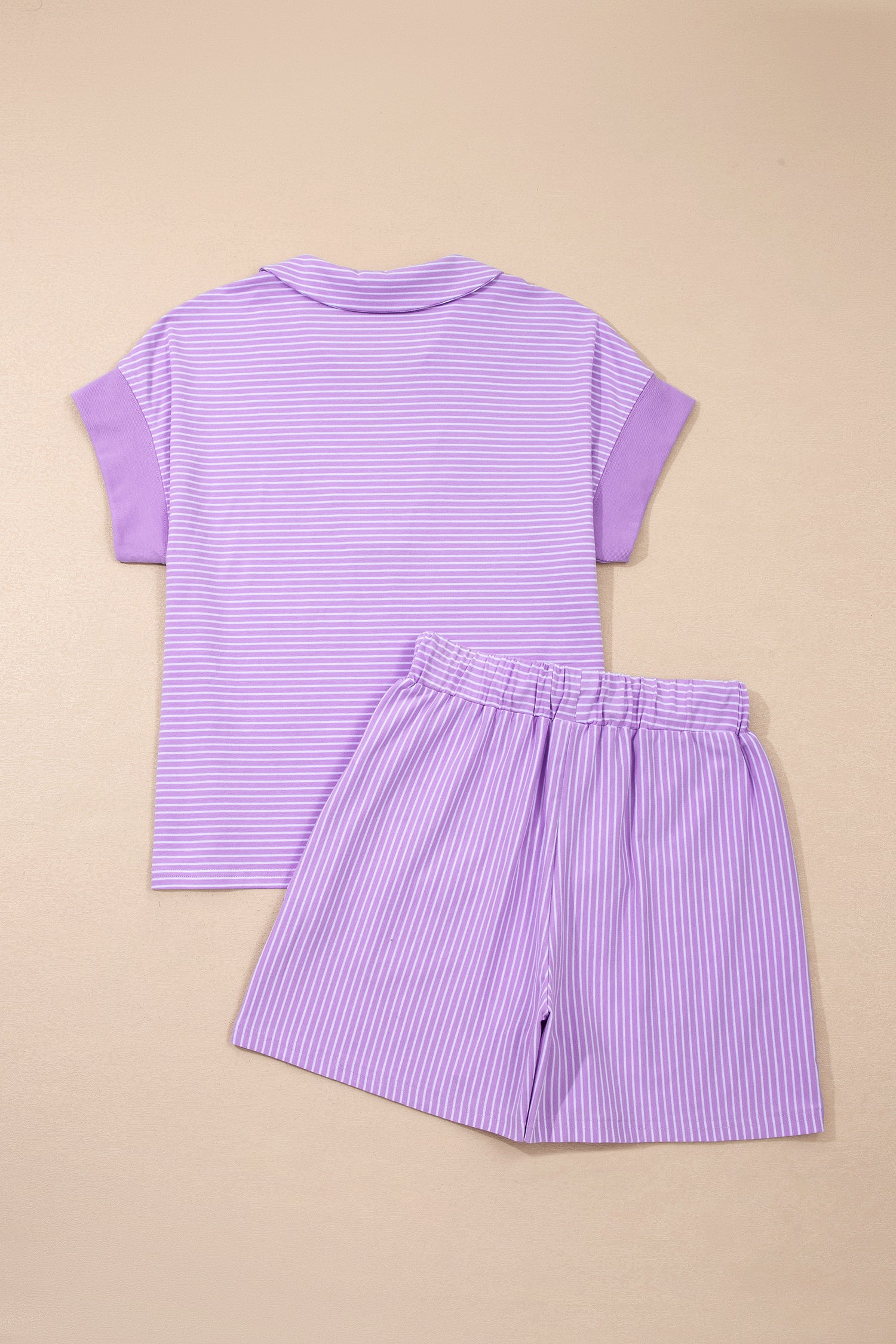 Khaki Stripe Dolman Sleeve Polo Shirt and Drawstring Shorts Set-Two Piece Sets/Short Sets-[Adult]-[Female]-2022 Online Blue Zone Planet