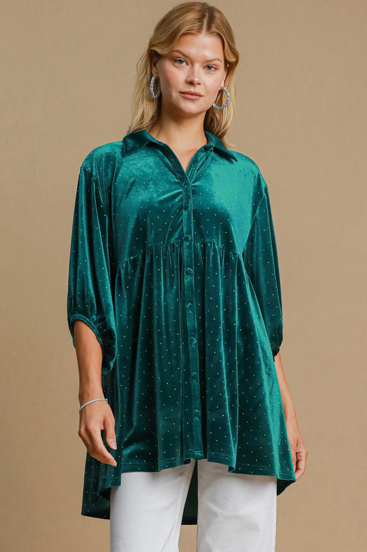 Umgee Full Size Polka Dot Collared Neck Button Up Shirt-TOPS / DRESSES-[Adult]-[Female]-Teal Green-S-2022 Online Blue Zone Planet