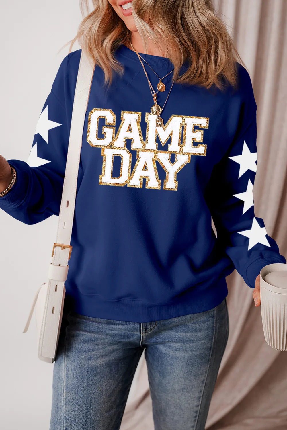 GAME DAY Star Round Neck Long Sleeve Sweatshirt-TOPS / DRESSES-[Adult]-[Female]-Navy-S-2022 Online Blue Zone Planet