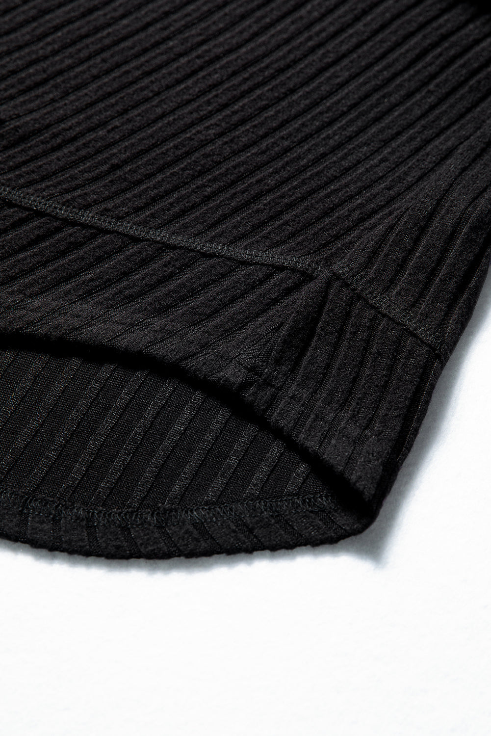Black Ribbed Texture Round Neck Long Sleeve Rounded Hem Knit Top