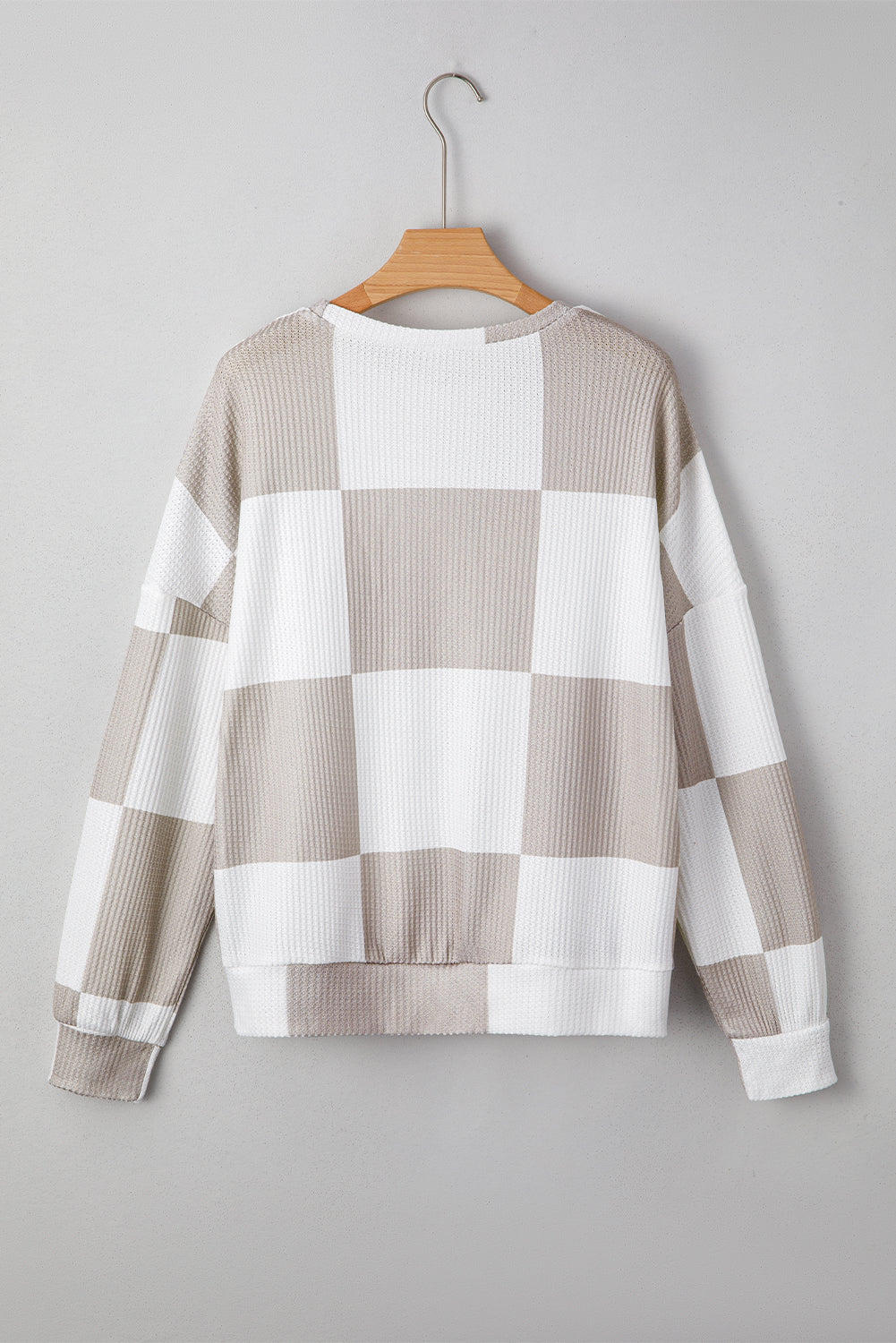 Khaki Checkered Print Breathable Textured Long Sleeve Top-Tops/Long Sleeve Tops-[Adult]-[Female]-2022 Online Blue Zone Planet