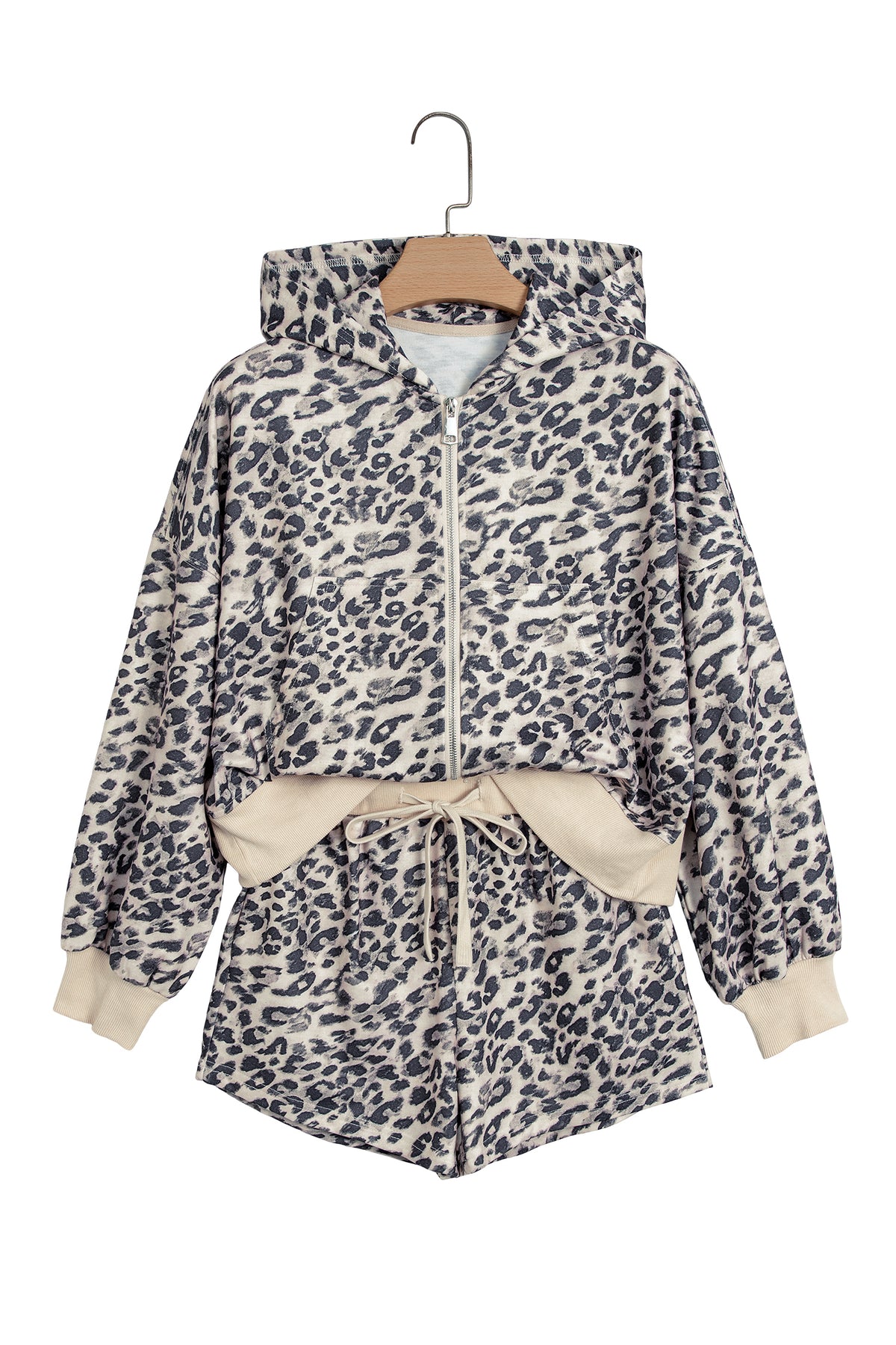 Multicolour Leopard Zip-Up Hooded Drawstring Pant Set-Two Piece Sets/Short Sets-[Adult]-[Female]-2022 Online Blue Zone Planet
