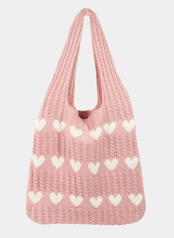 Fame Contrast Heart Crochet Tote Bag-HANDBAGS-[Adult]-[Female]-White-One Size-2022 Online Blue Zone Planet