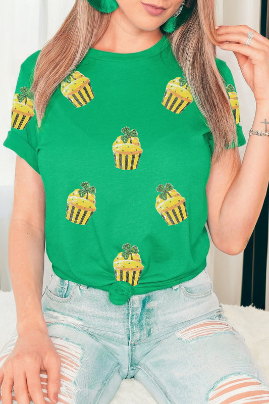 Bright Green St Patricks Day Sequin Cupcake Graphic T Shirt-Graphic/Graphic Tees-[Adult]-[Female]-Bright Green-S-2022 Online Blue Zone Planet